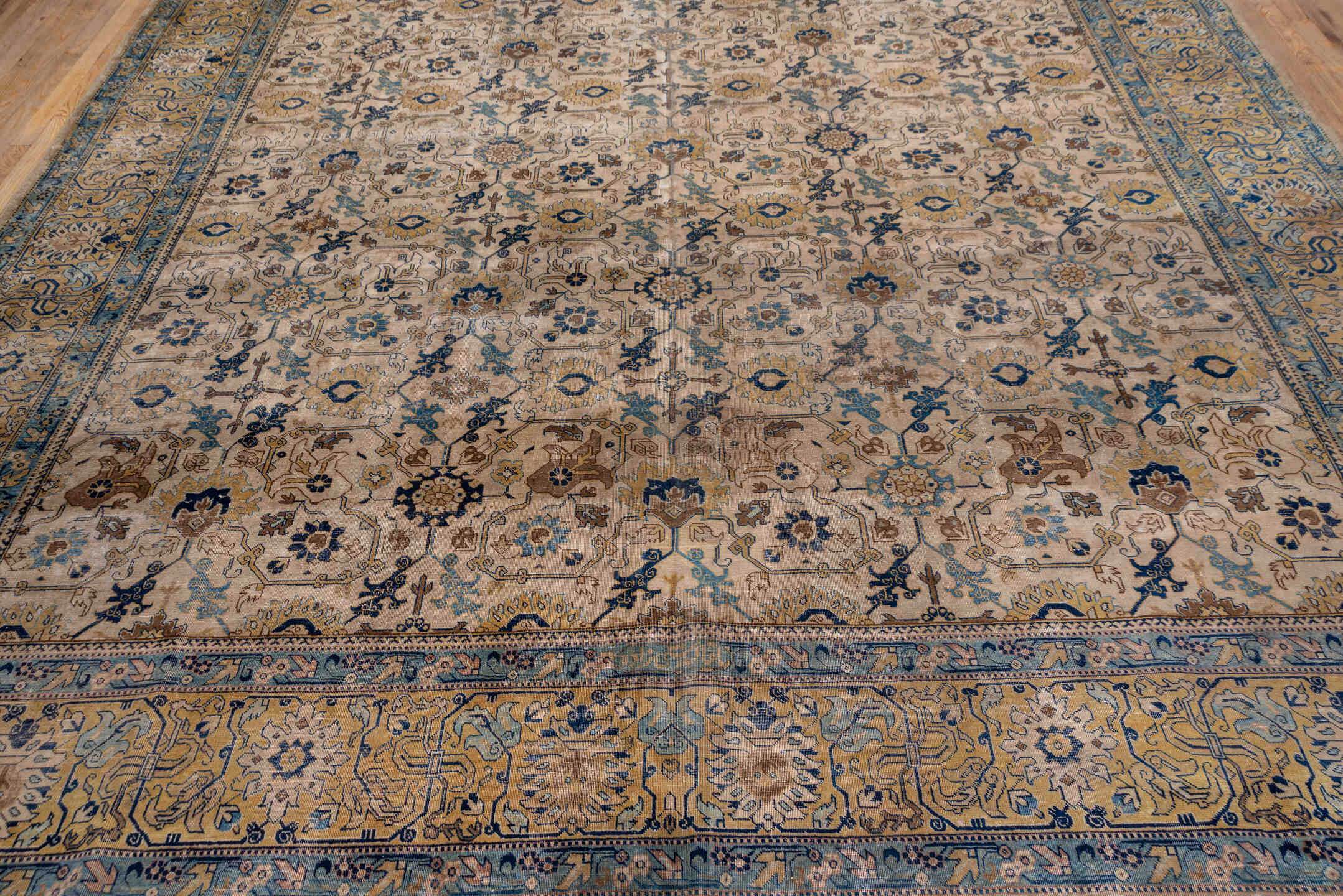 10' x 13' one-of-a-kind handmade antique Tabriz large size rug. Color palette: ivory, camel, sky blue, navy, taupe, gold