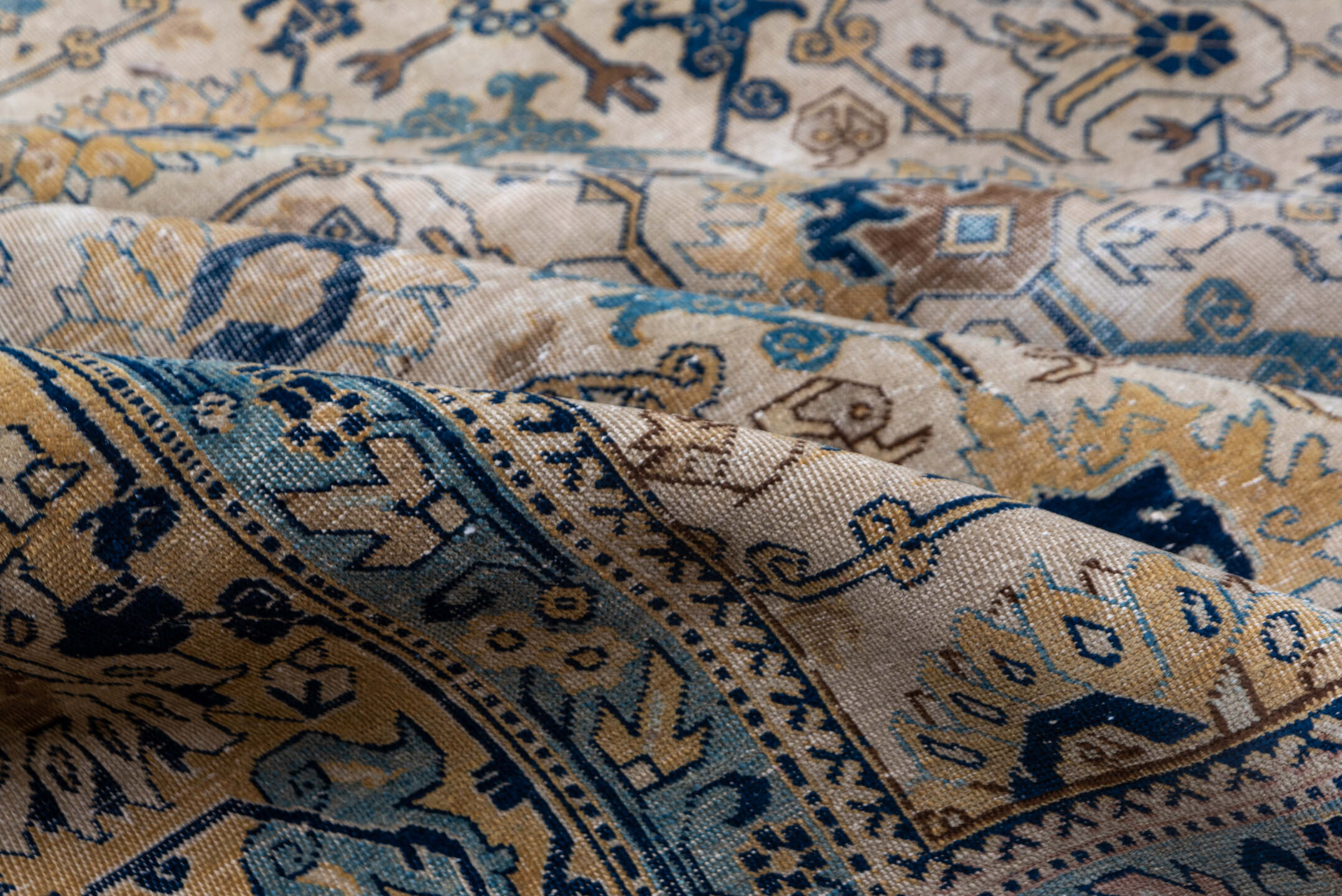 10' x 13' one-of-a-kind handmade antique Tabriz large size rug. Color palette: ivory, camel, sky blue, navy, taupe, gold