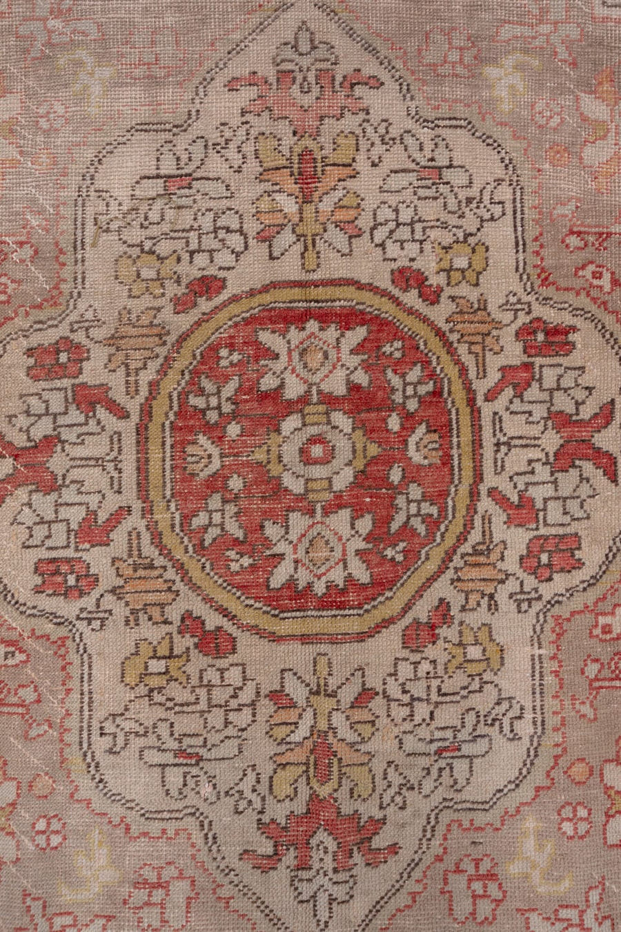 7' x 12' one-of-a-kind handmade antique Oushak large size rug. Color palette: rose, ivory, taupe, rust, terracotta, charcoal