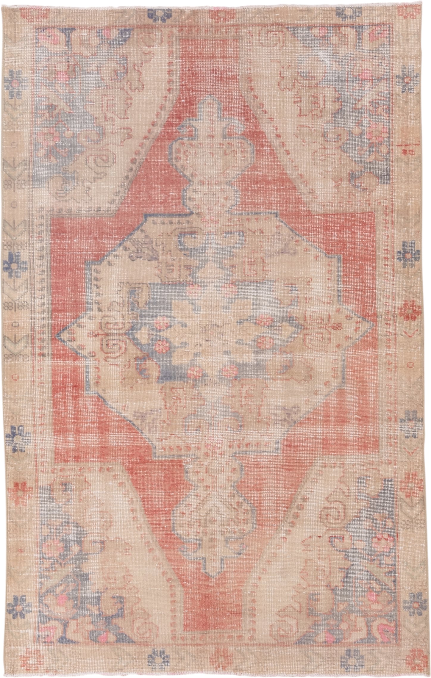 4' x 7' one-of-a-kind handmade vintage Oushak rug. Color palette: coral, ivory, beige, slate, taupe, rose, terracotta, gray