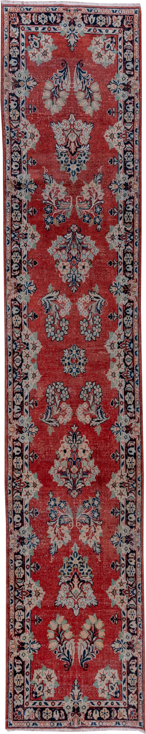2' x 13' one-of-a-kind handmade vintage Mahal runner rug. Color palette: coral, ivory, navy, slate, rose, charcoal