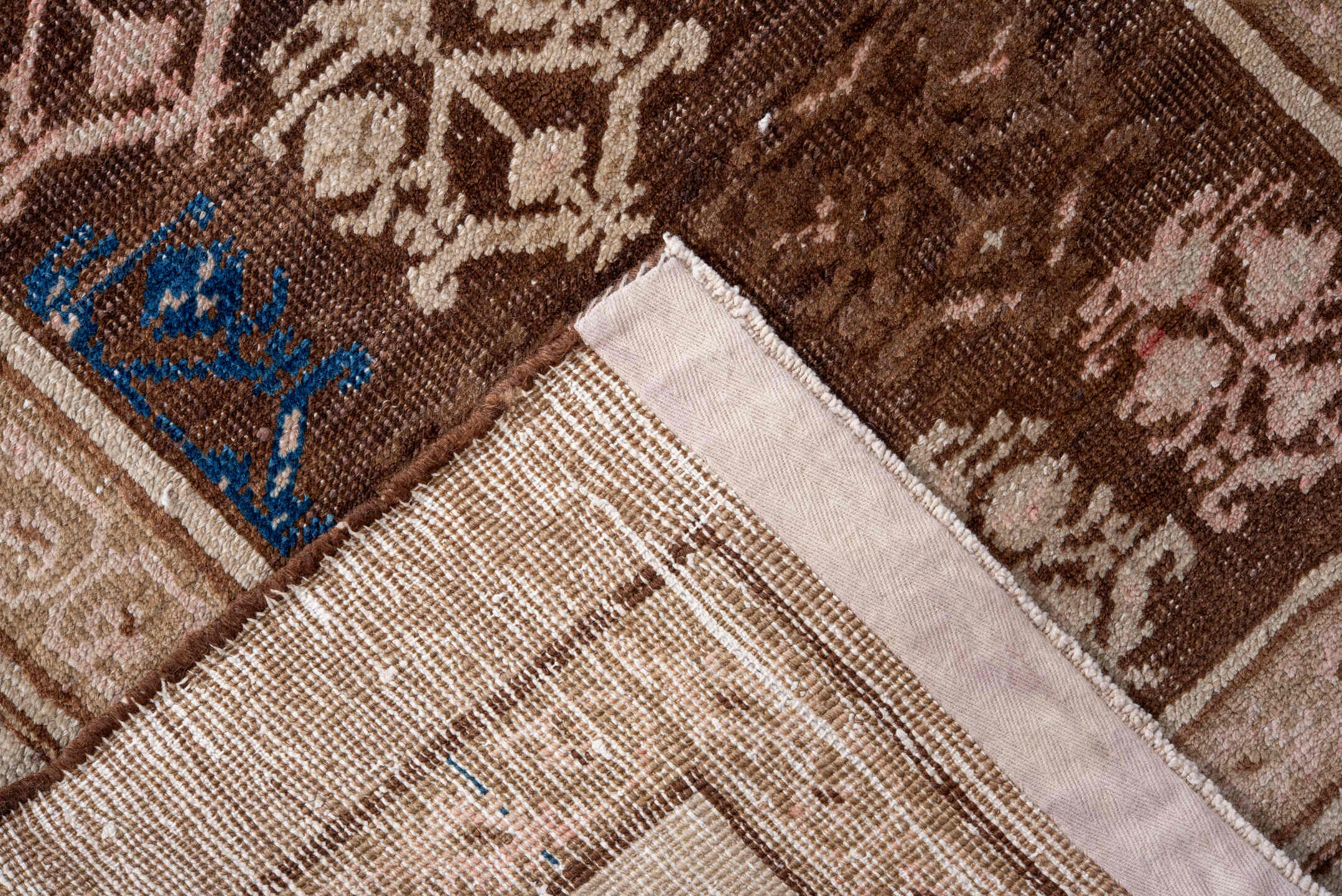 3' x 10' one-of-a-kind handmade antique Cam Hamadan runner rug. Color palette: brown, ivory, taupe, blue, rose, camel, beige