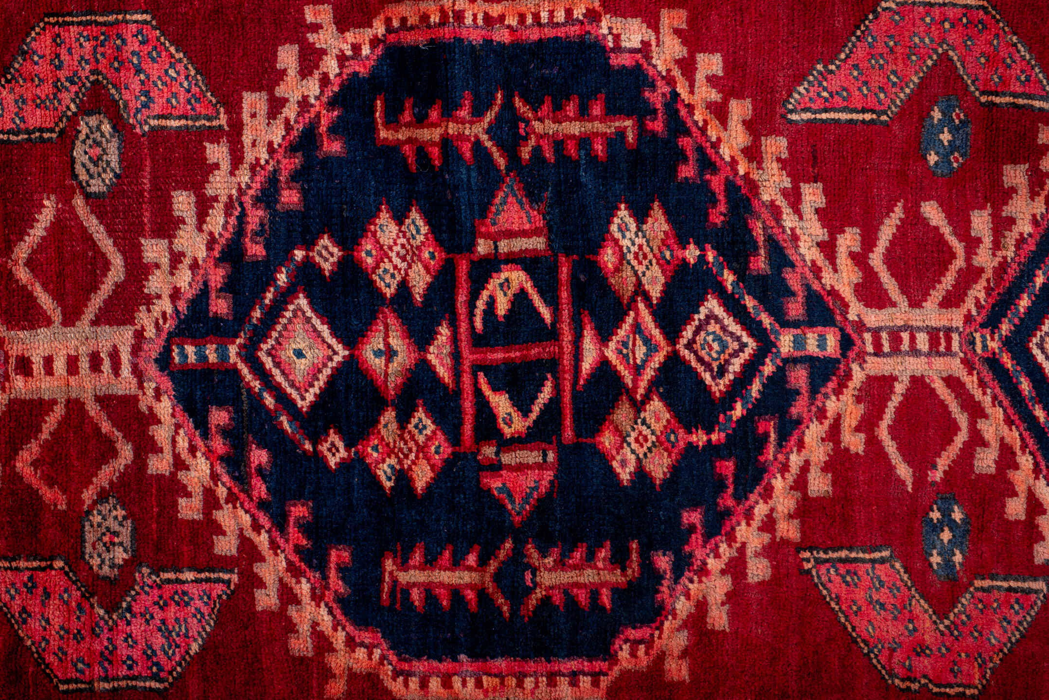 3' x 7' one-of-a-kind handmade vintage Kurd runner rug. Color palette: red, navy, ivory, coral, rose, sky_blue, rust, blue