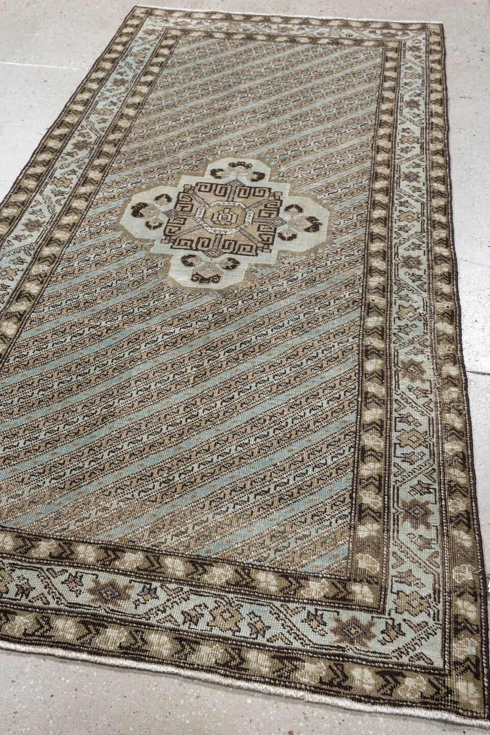 3' x 6' one-of-a-kind handmade antique Malayer small size rug. Color palette: ivory, taupe, camel, pale sky blue, brown