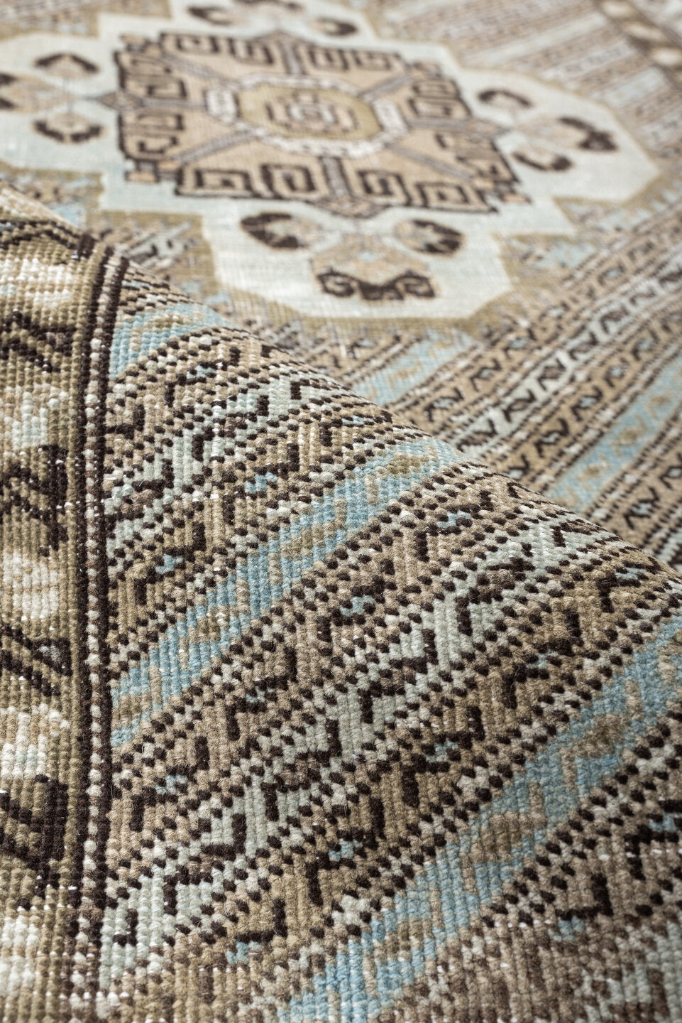 3' x 6' one-of-a-kind handmade antique Malayer small size rug. Color palette: ivory, taupe, camel, pale sky blue, brown
