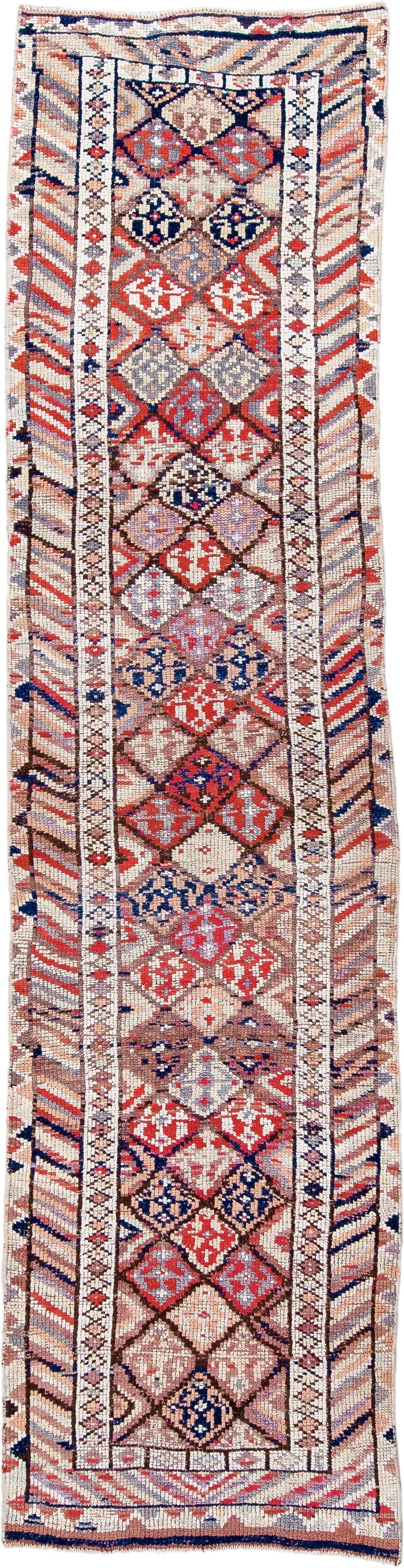 2' x 10' one-of-a-kind handmade vintage Oushak runner rug. Color palette: ivory, rust, blush, navy, taupe, rose, brown