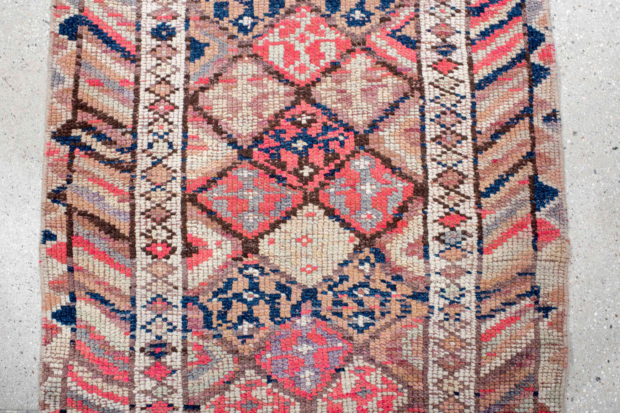 2' x 10' one-of-a-kind handmade vintage Oushak runner rug. Color palette: ivory, rust, blush, navy, taupe, rose, brown