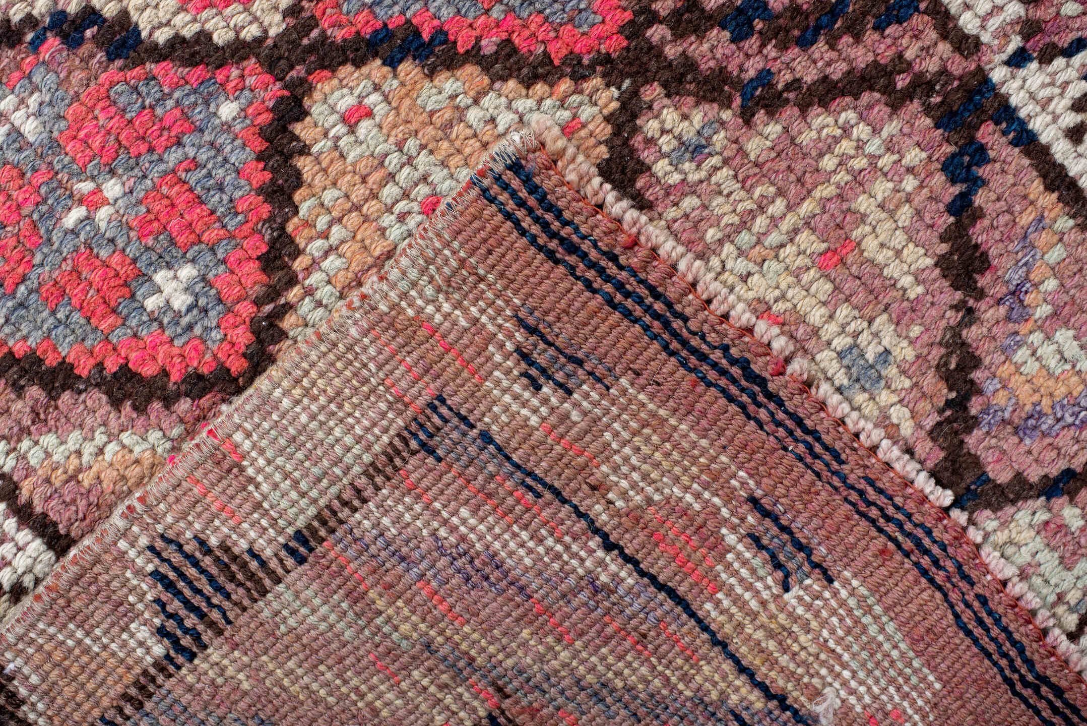 2' x 10' one-of-a-kind handmade vintage Oushak runner rug. Color palette: blue, brown, gray, indian red, light gray