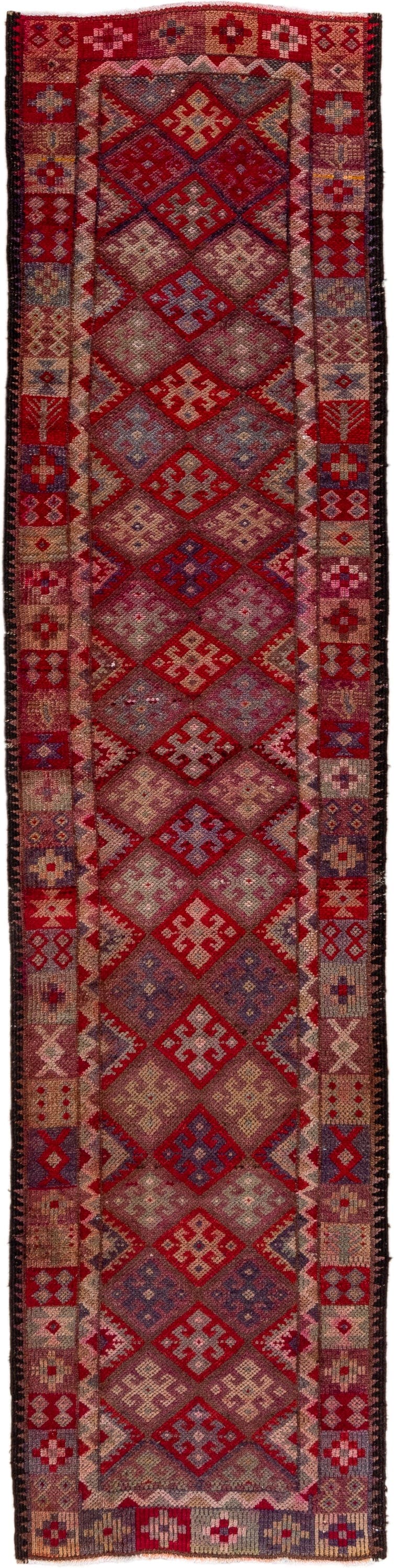 2' x 11' one-of-a-kind handmade vintage Oushak runner rug. Color palette: rose, rust, taupe, burgundy, muted blue, ivory