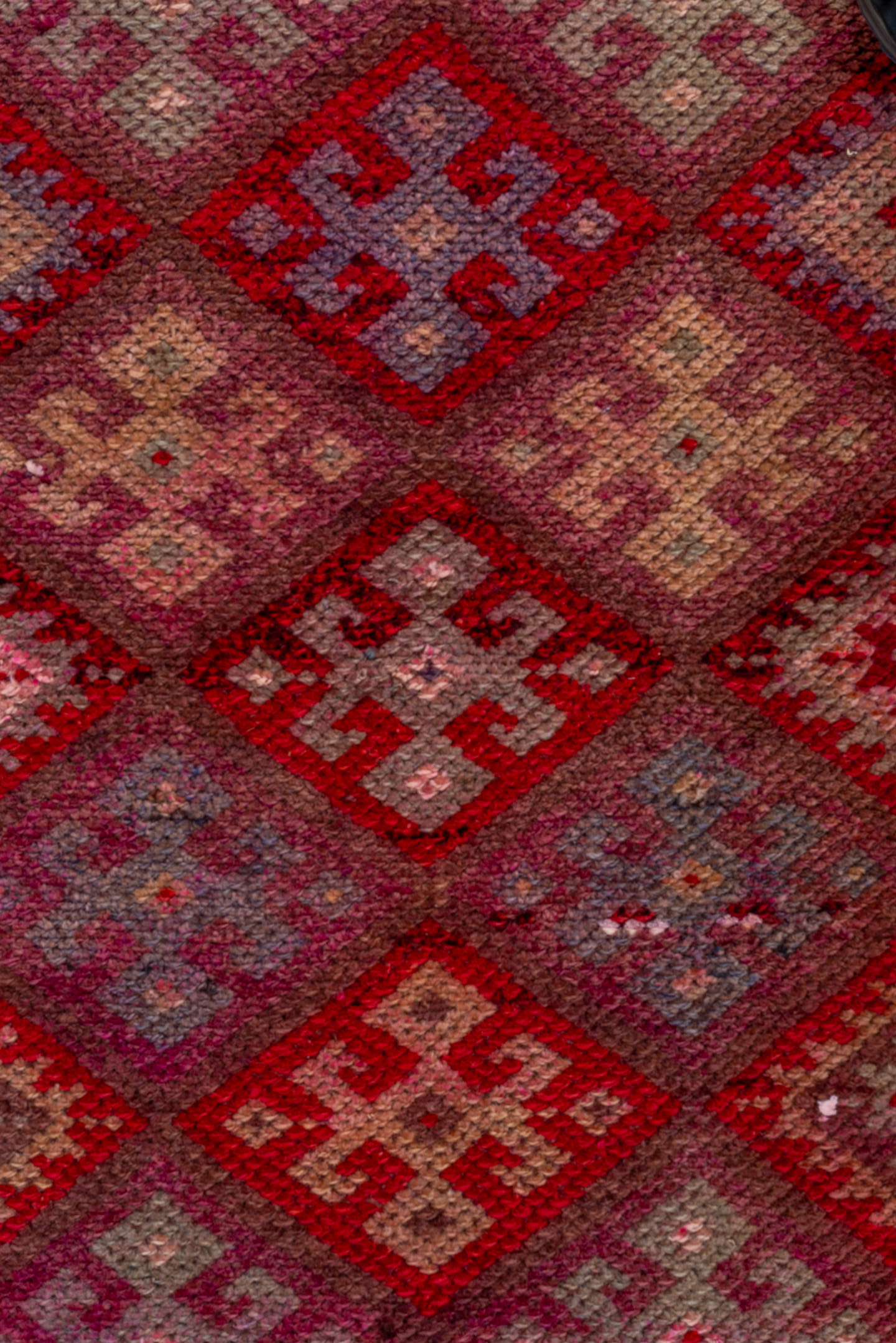 2' x 11' one-of-a-kind handmade vintage Oushak runner rug. Color palette: rose, rust, taupe, burgundy, muted blue, ivory
