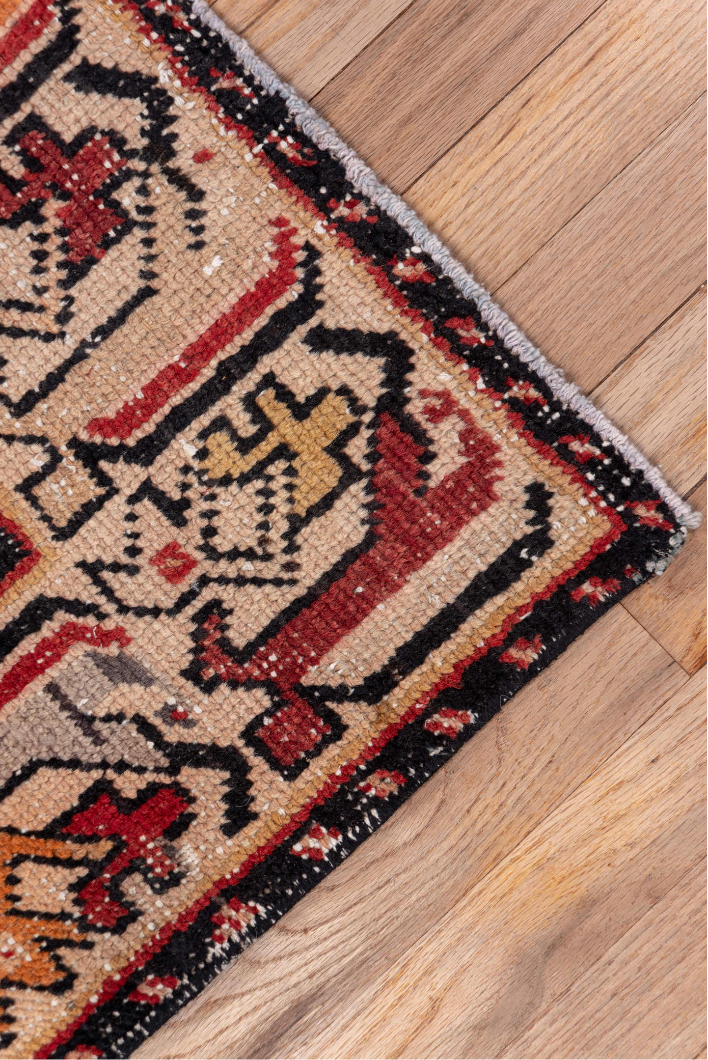 3' x 8' one-of-a-kind handmade vintage Oushak runner rug. Color palette: red, ivory, charcoal, peach, gold, rust, gray