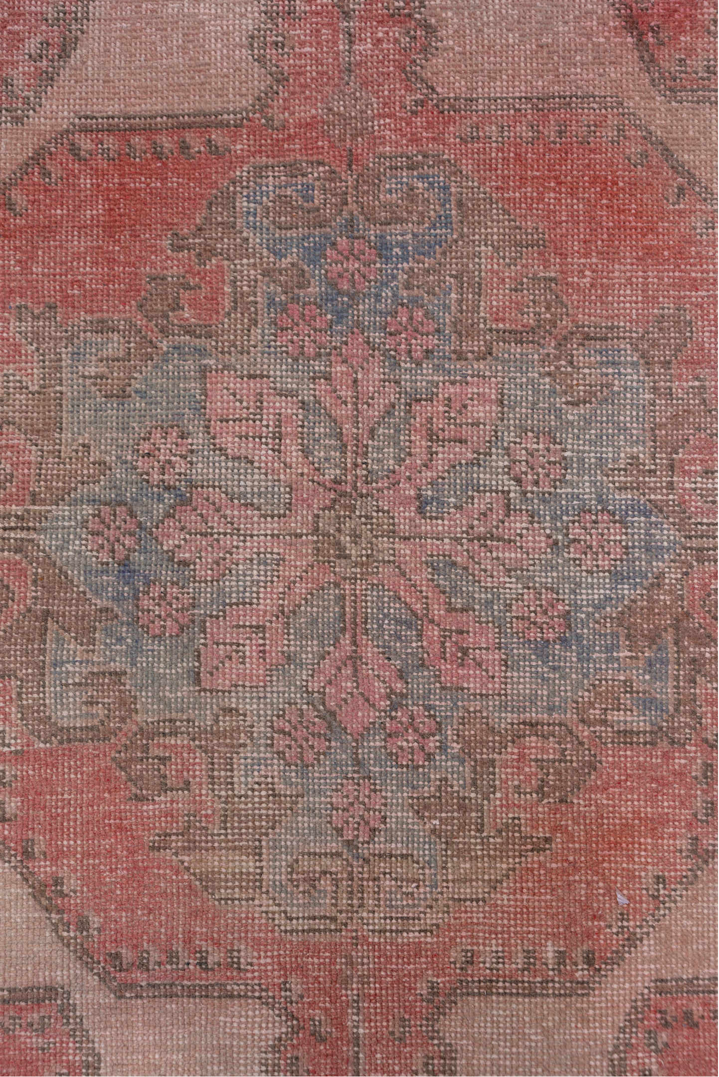 4' x 6' one-of-a-kind handmade vintage Oushak small size rug. Color palette: blush, coral, taupe, slate blue, rose, brown