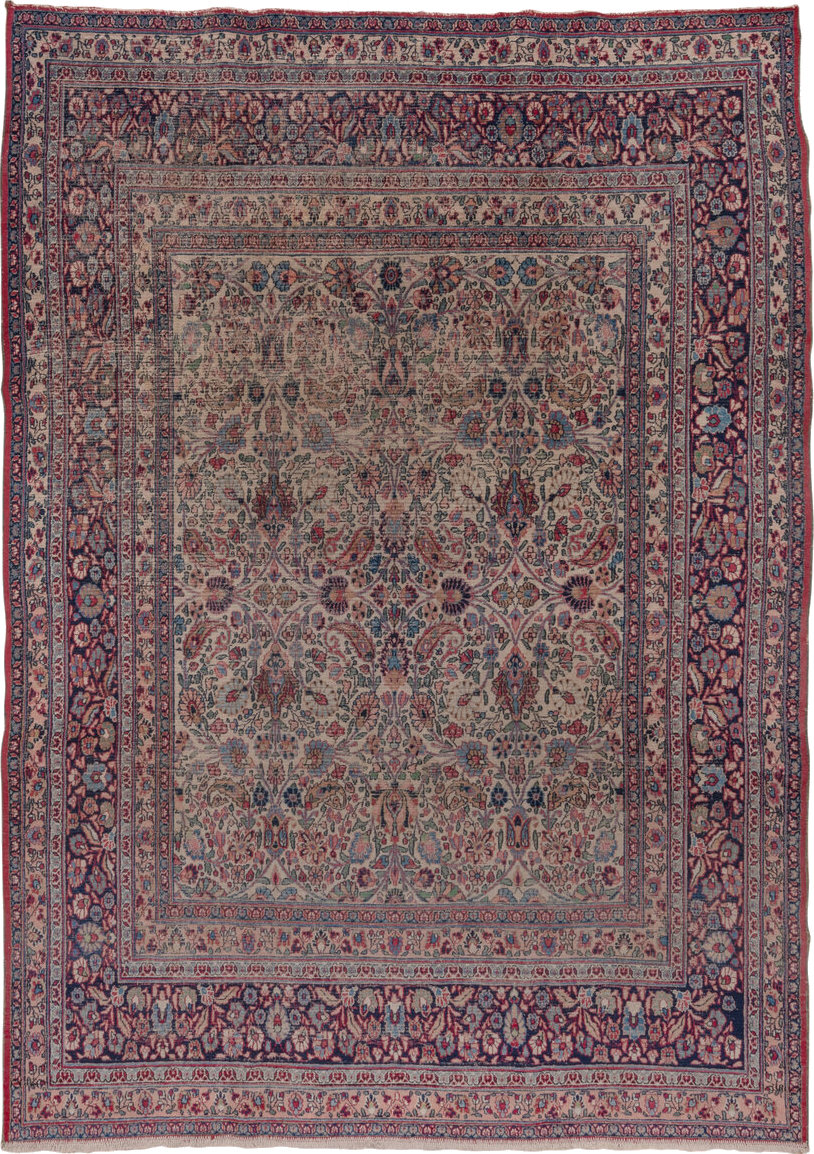 7' x 10' one-of-a-kind handmade vintage Khorassan large size rug. Color palette: black, blue, brown, charcoal, gray, pink