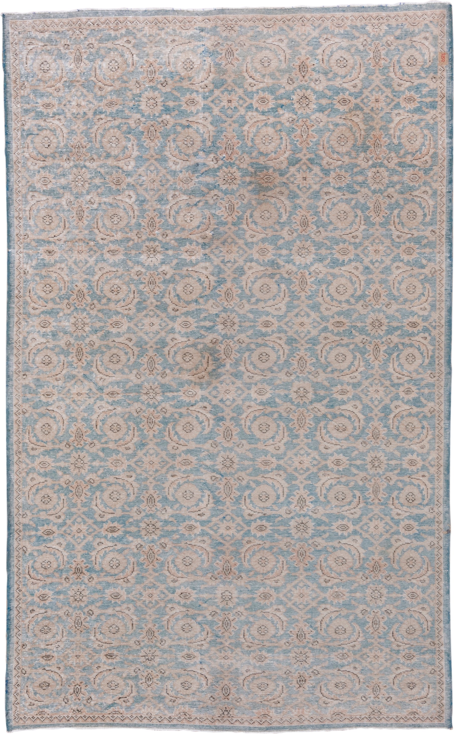 5' x 9' one-of-a-kind handmade antique Oushak medium size rug. Color palette: pale blue, ivory, taupe, beige, soft gray