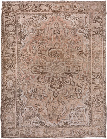 9' x 12' one-of-a-kind handmade vintage Heriz large size rug. Color palette: taupe, blush, brown, ivory, beige, gray, pink
