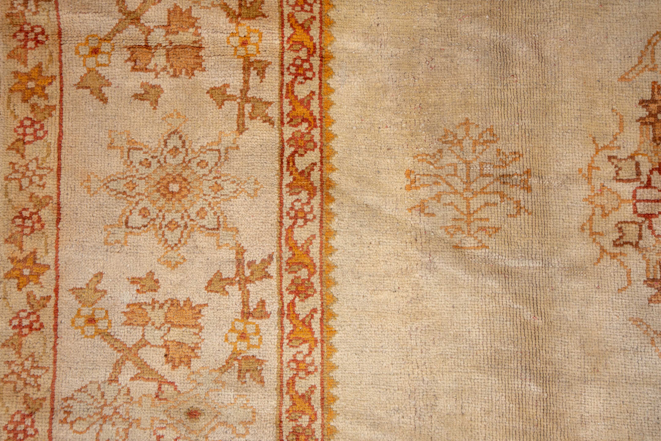 8' x 10' one-of-a-kind handmade antique Oushak large size rug. Color palette: ivory, apricot, sand, peach, camel, gold