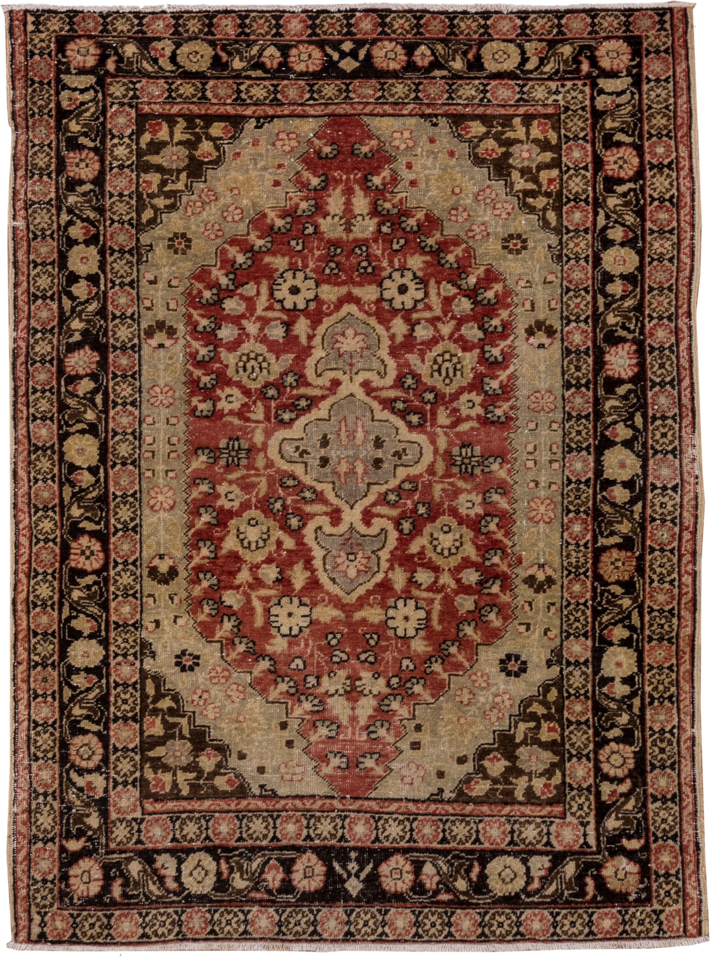 4' x 5' one-of-a-kind handmade vintage Oushak small size rug. Color palette: ivory, terracotta, brown, rose, charcoal, taupe