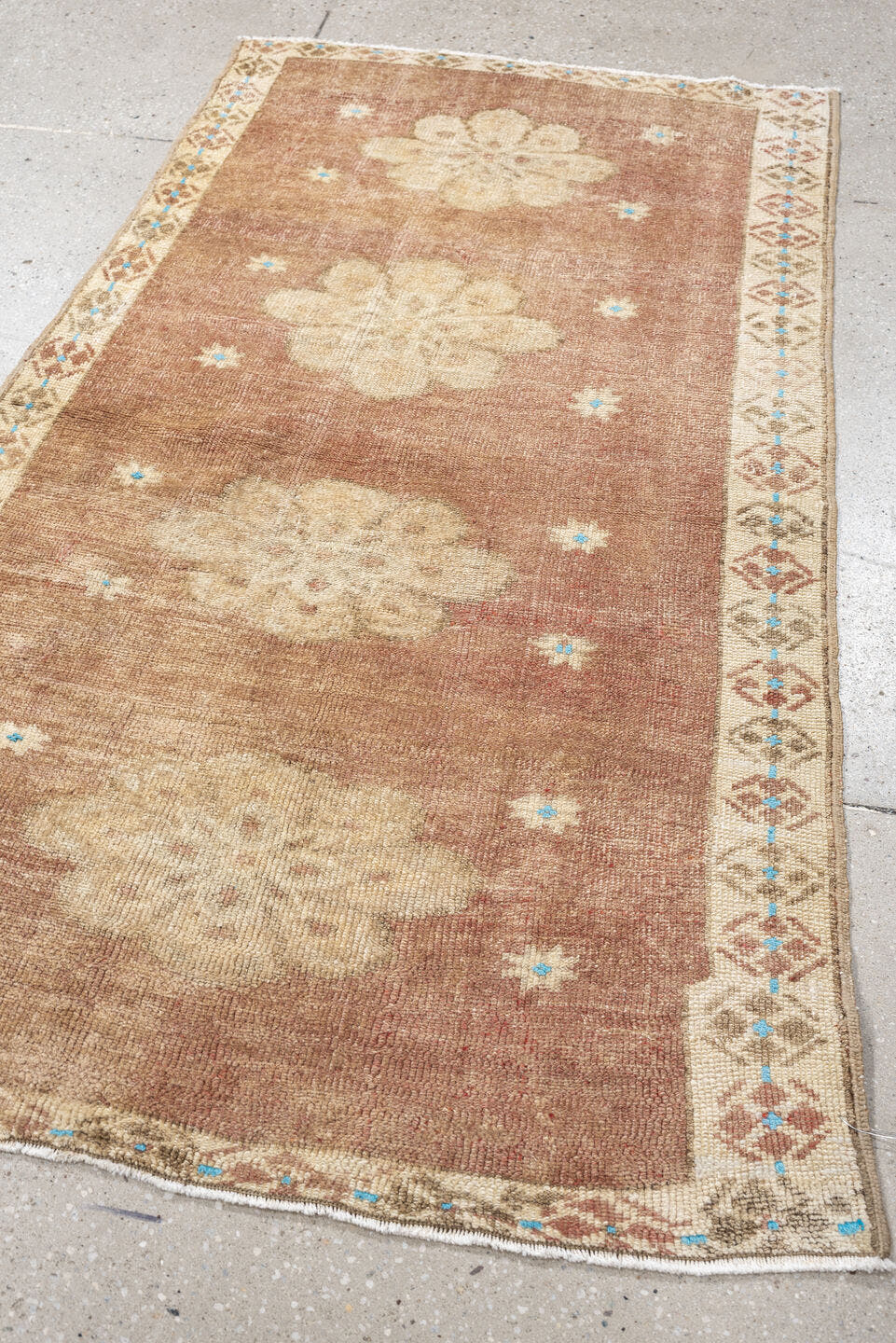 3' x 5' one-of-a-kind handmade vintage Oushak small size rug. Color palette: rose, ivory, taupe, sky_blue, terracotta, camel
