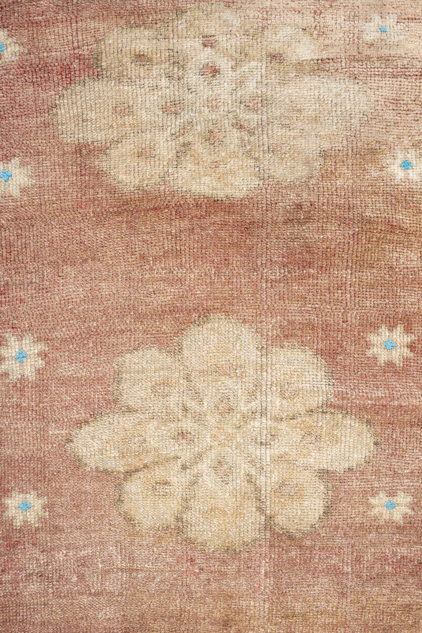 3' x 5' one-of-a-kind handmade vintage Oushak small size rug. Color palette: rose, ivory, taupe, sky_blue, terracotta, camel