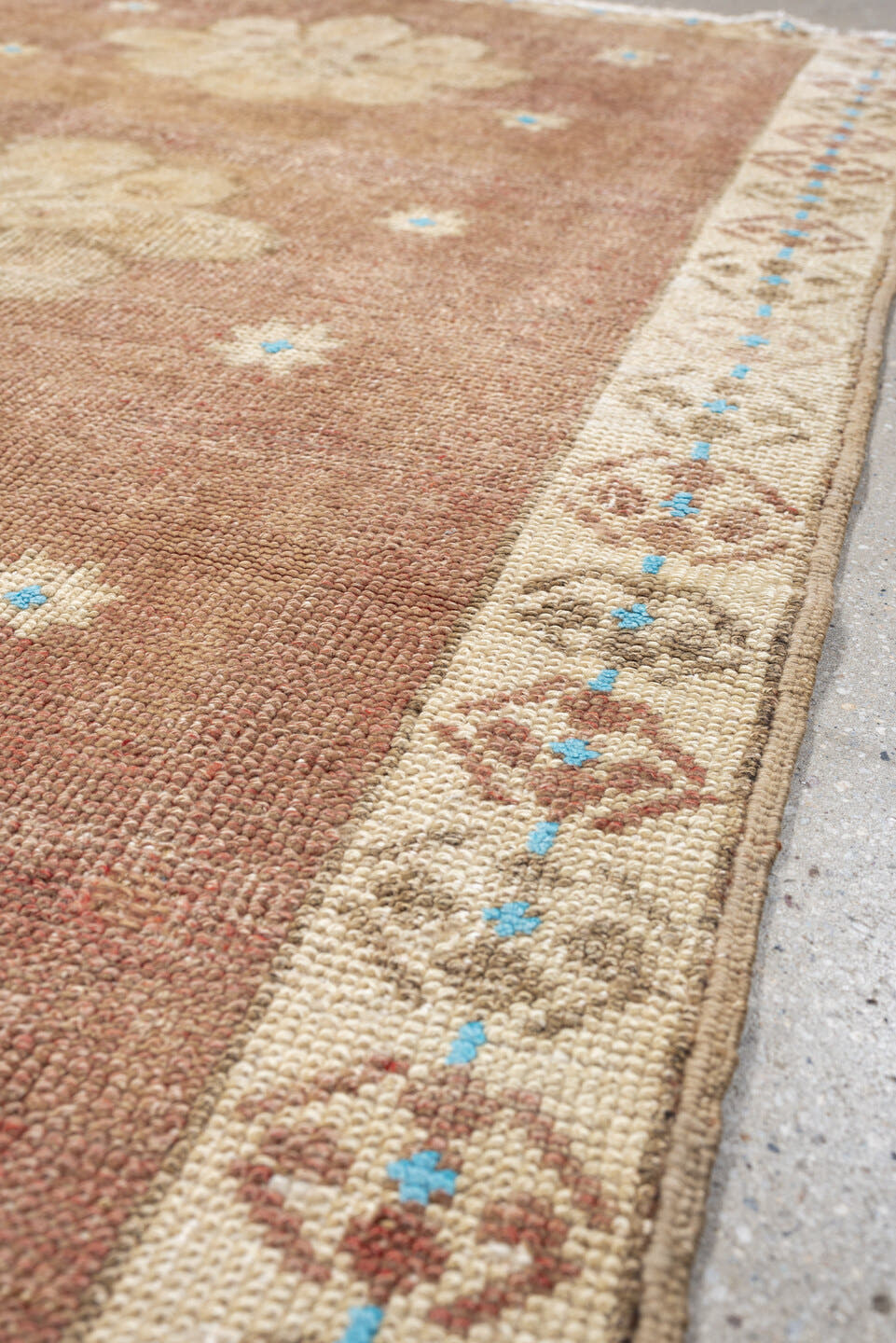 3' x 5' one-of-a-kind handmade vintage Oushak small size rug. Color palette: rose, ivory, taupe, sky_blue, terracotta, camel
