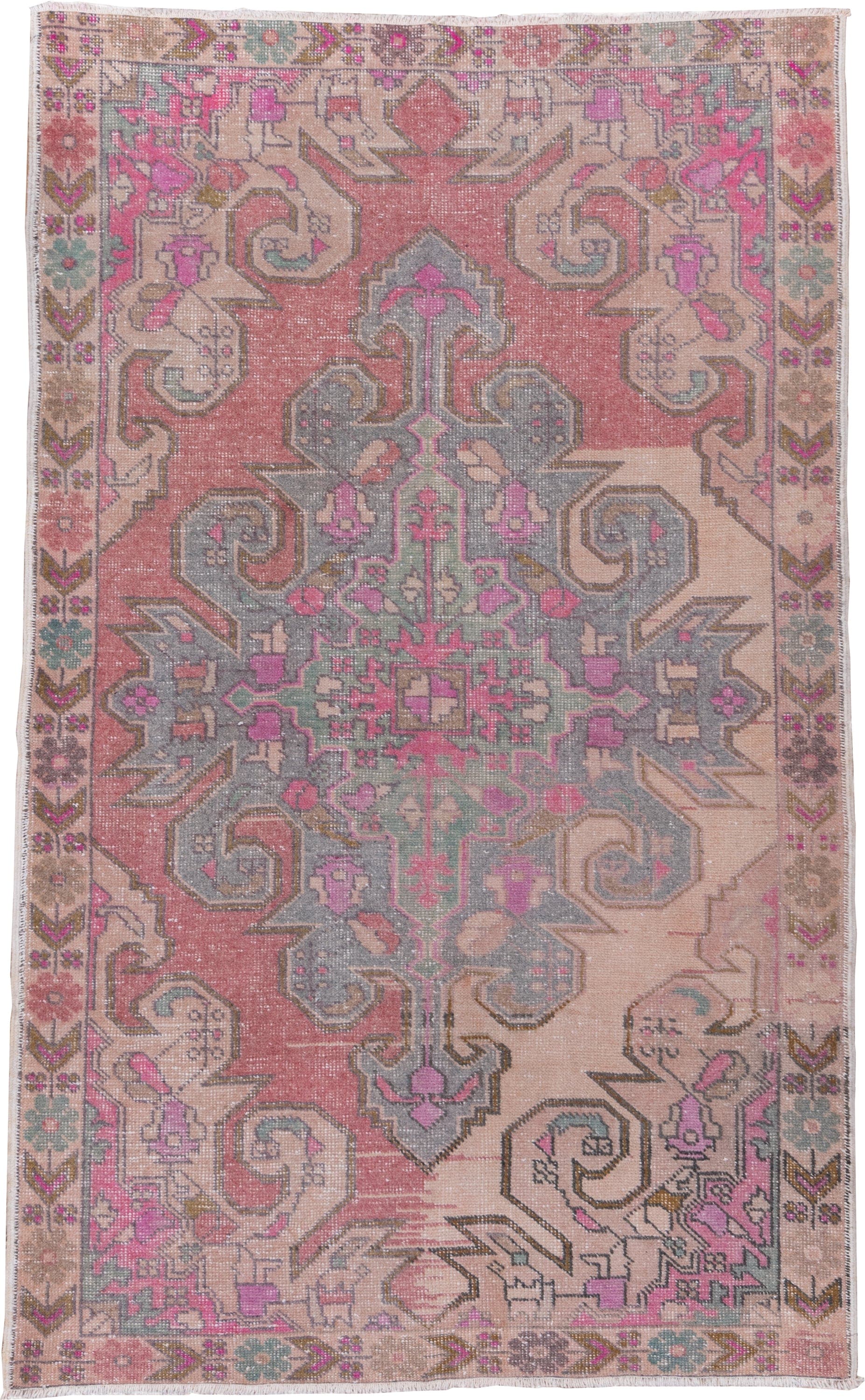 4' x 7' one-of-a-kind handmade vintage Oushak rug. Color palette: blush, ivory, dusty rose, pale blue, taupe, pink, sage