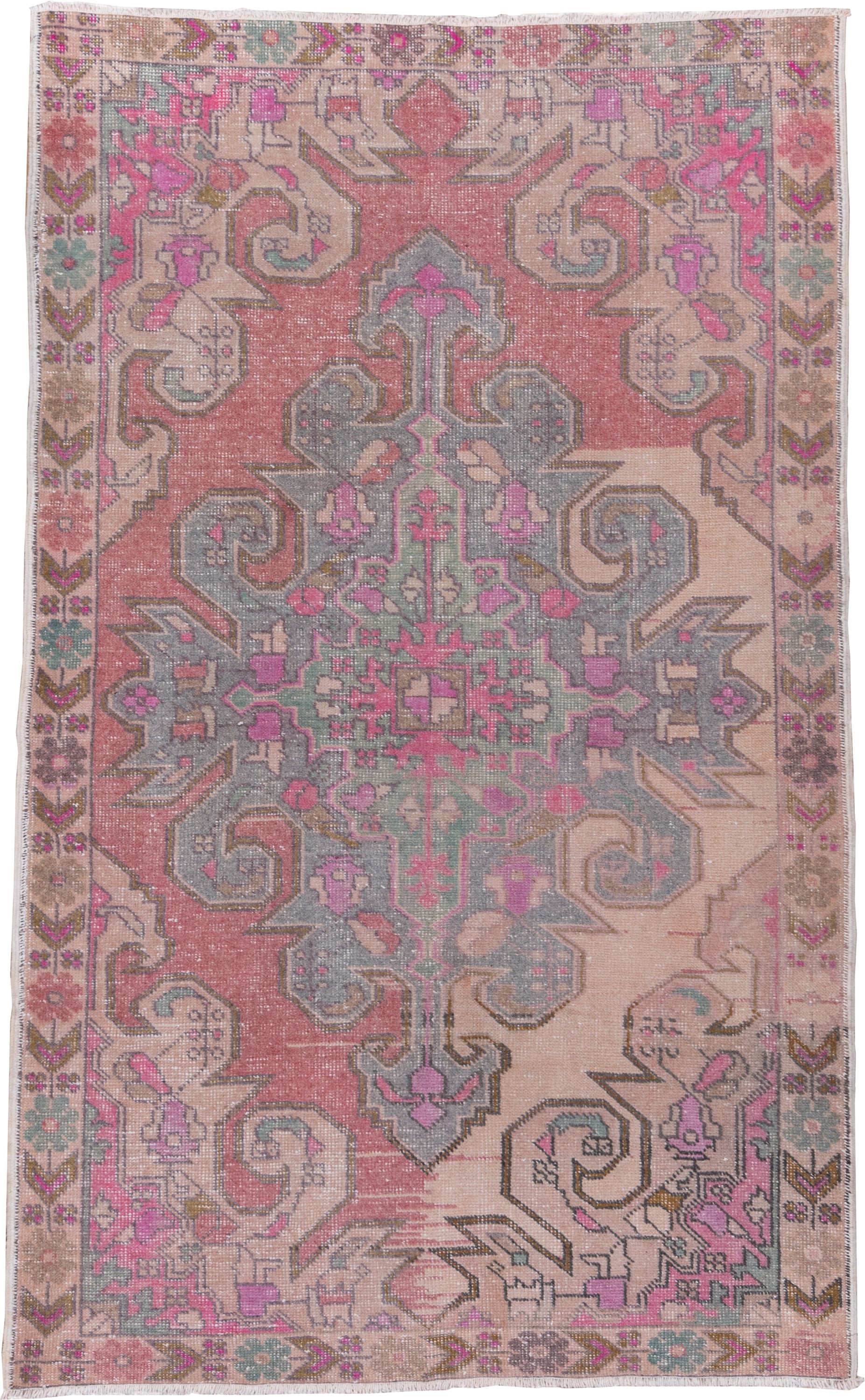 4' x 7' one-of-a-kind handmade vintage Oushak rug. Color palette: blush, ivory, dusty rose, pale blue, taupe, pink, sage