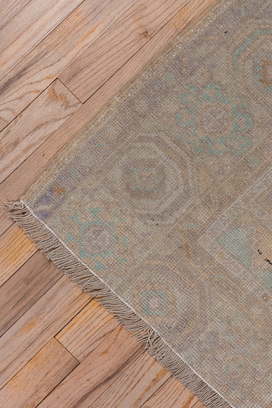 3' x 6' one-of-a-kind handmade vintage Oushak small size rug. Color palette: tan, taupe, beige, ivory, pale aqua, camel