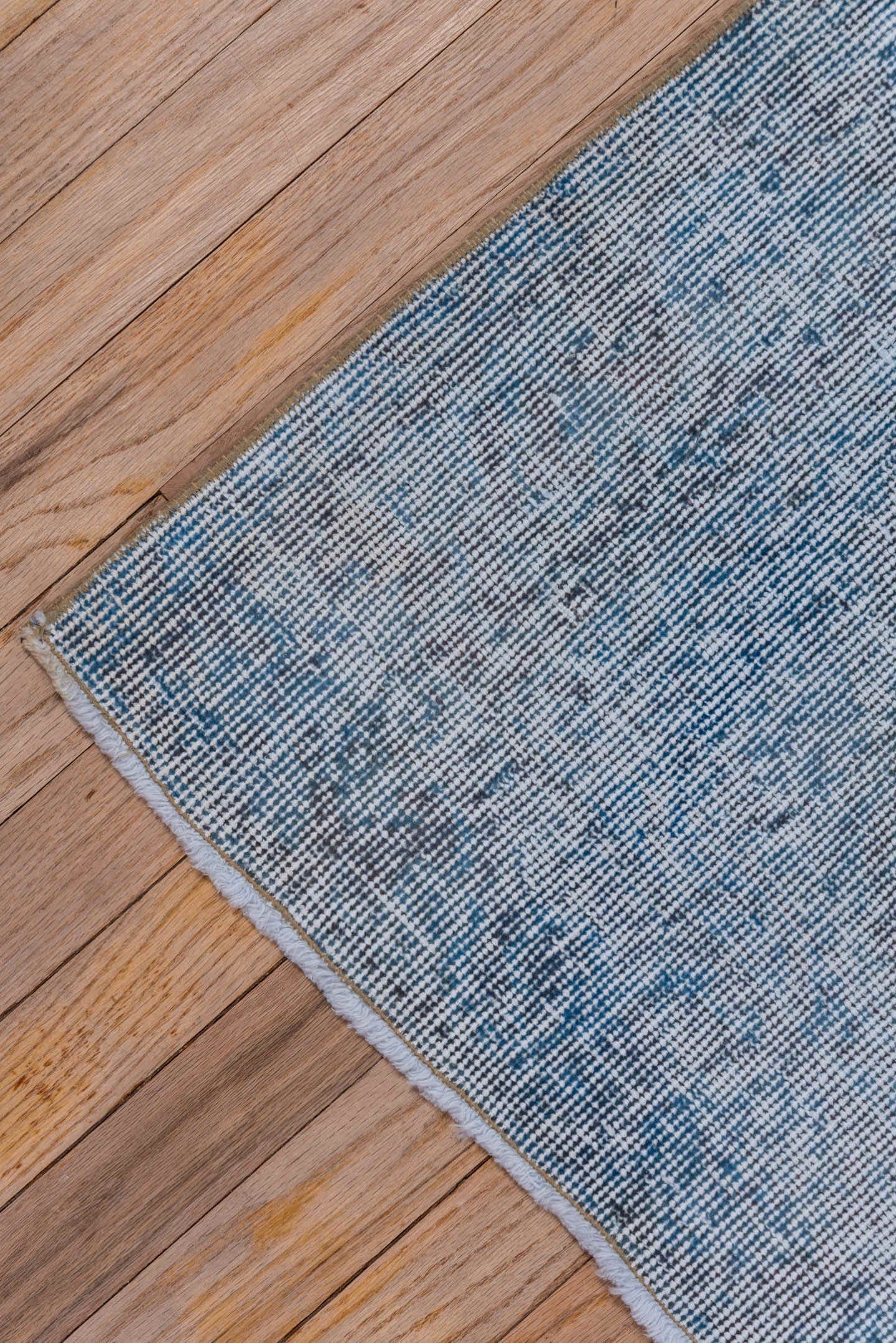 4' x 6' one-of-a-kind handmade vintage Overdyed small size rug. Color palette: pale blue, charcoal, slate, ivory, light blue