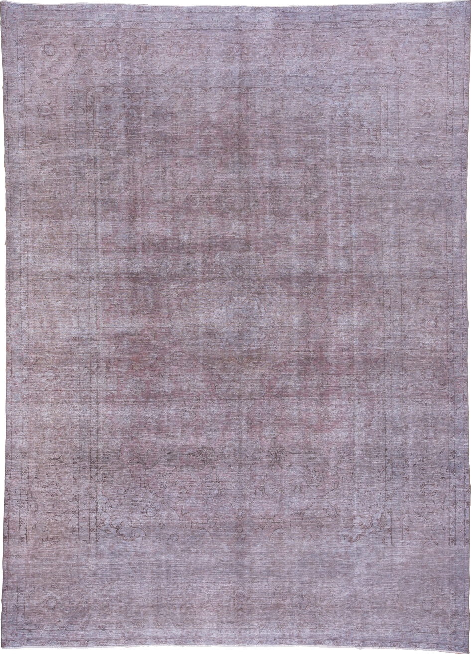 9' x 12' one-of-a-kind handmade vintage Overdyed large size rug. Color palette: gray, light blue, light gray, pink