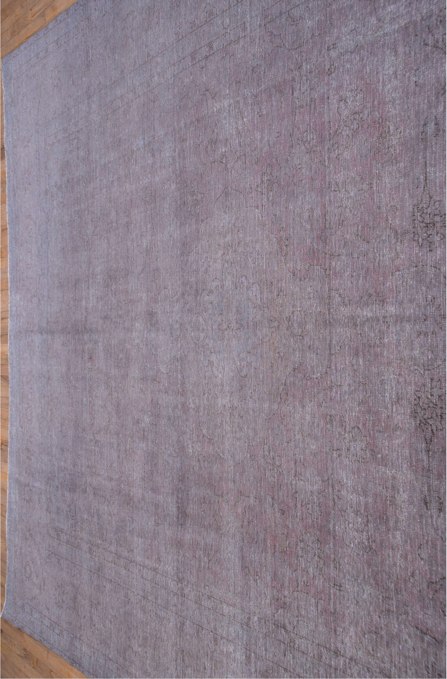 9' x 12' one-of-a-kind handmade vintage Overdyed large size rug. Color palette: gray, light blue, light gray, pink