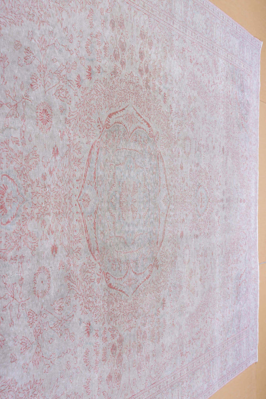 8' x 12' one-of-a-kind handmade vintage Sivas large size rug. Color palette: ivory, blush, pale pink, silver, taupe, pink