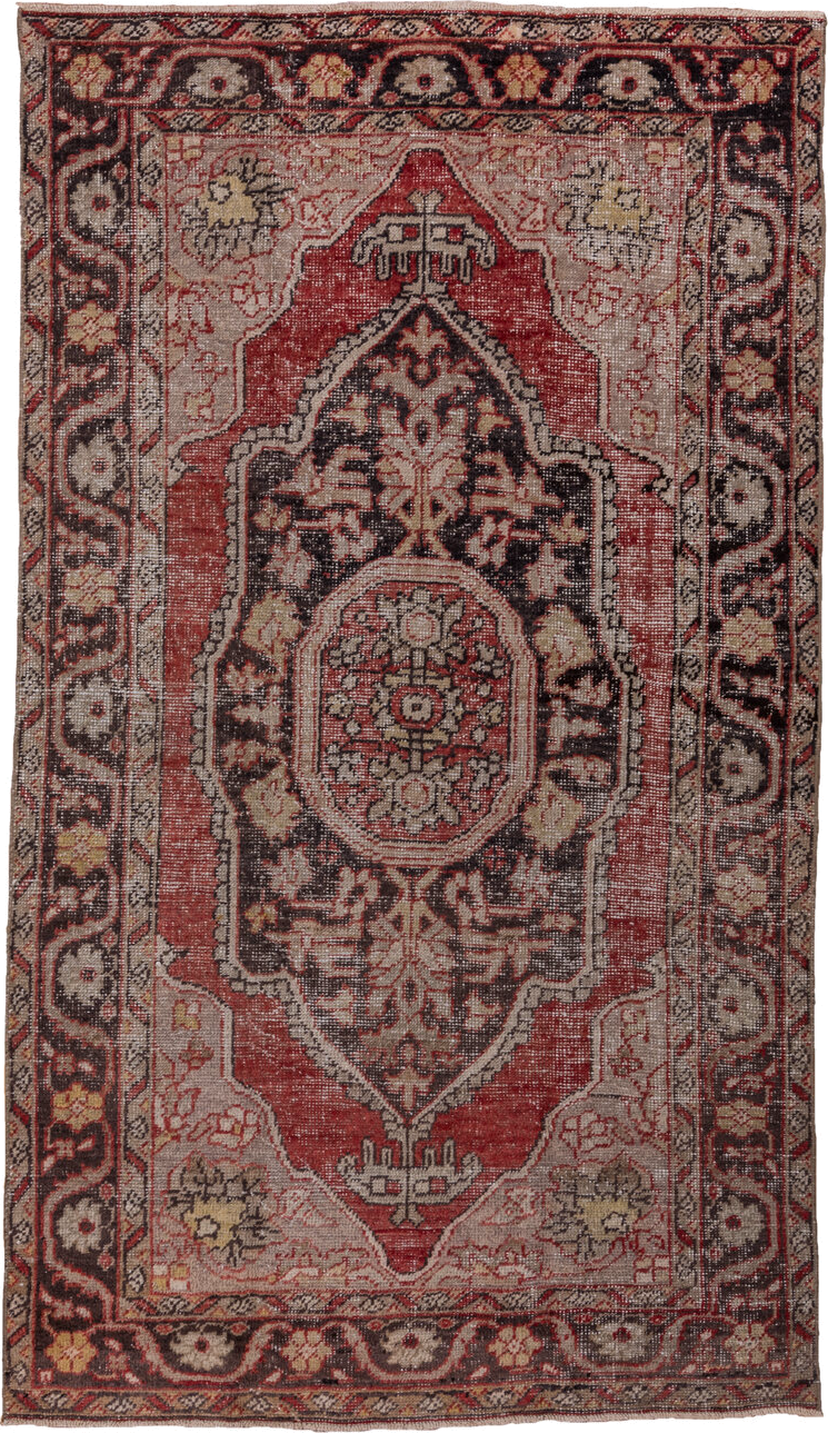 5' x 8' one-of-a-kind handmade vintage Oushak medium size rug. Color palette: rust, ivory, charcoal, taupe, gold, rose