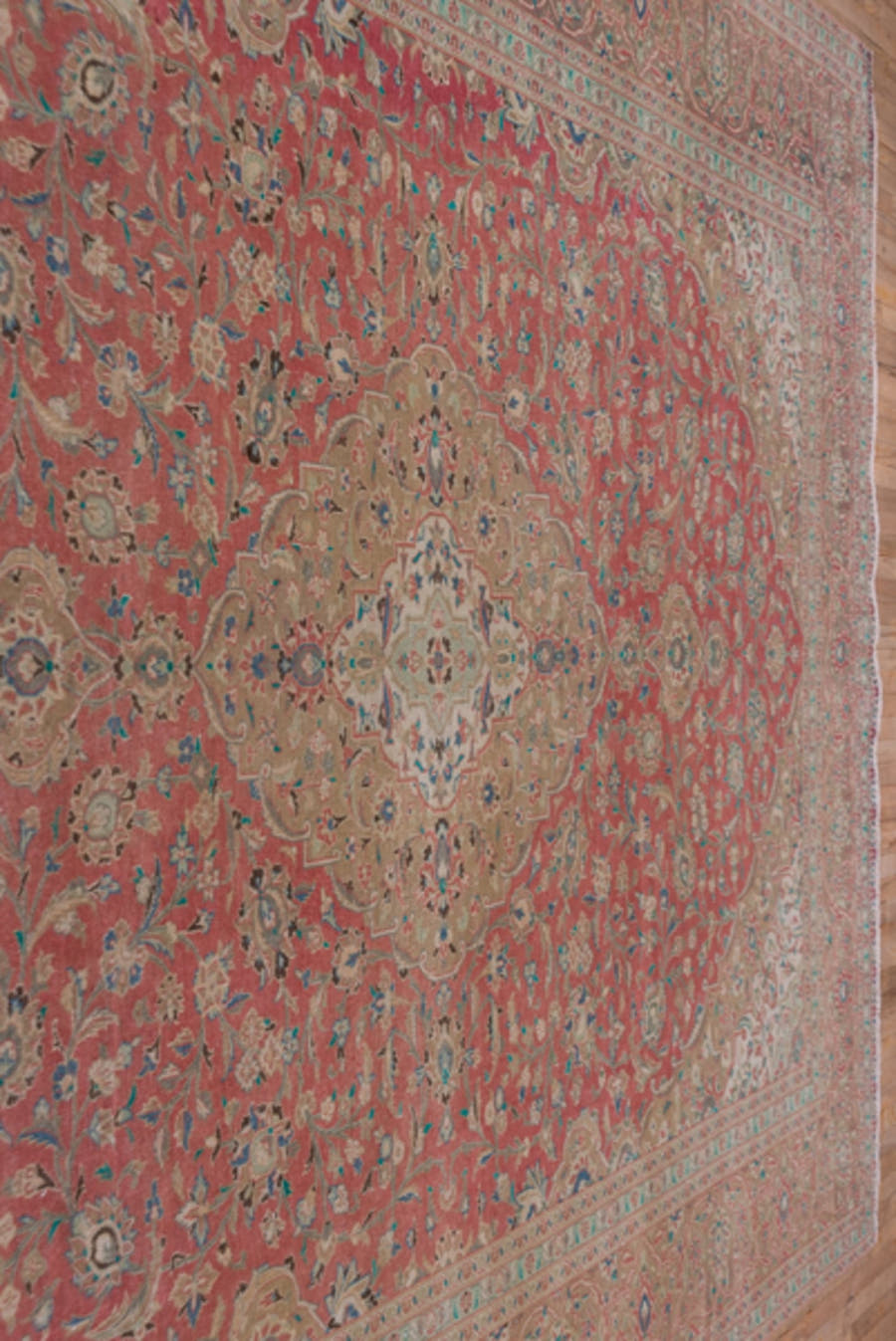 9' x 13' one-of-a-kind handmade vintage Kashan large size rug. Color palette: coral, beige, ivory, taupe, sky_blue, sage