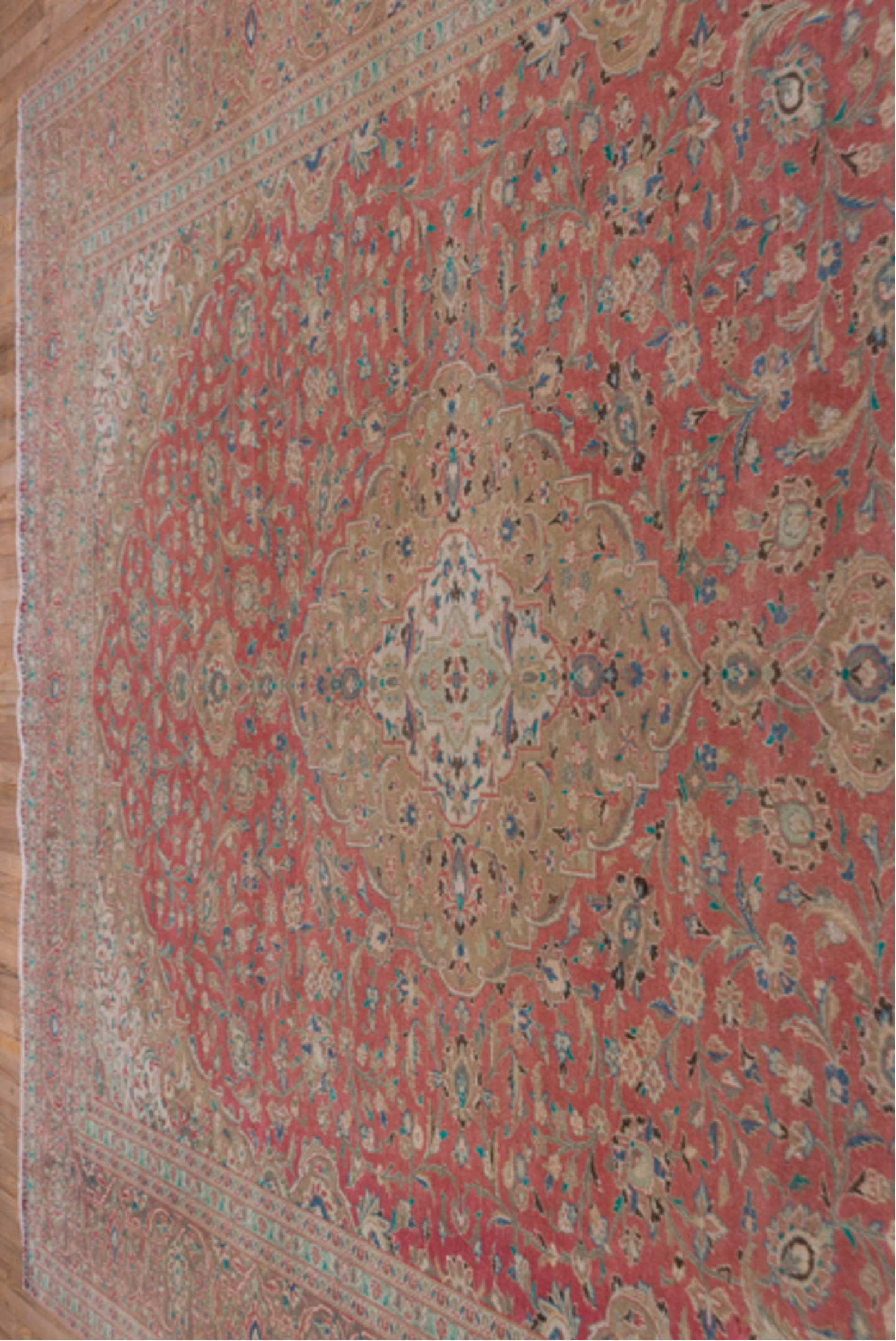 9' x 13' one-of-a-kind handmade vintage Kashan large size rug. Color palette: coral, beige, ivory, taupe, sky_blue, sage