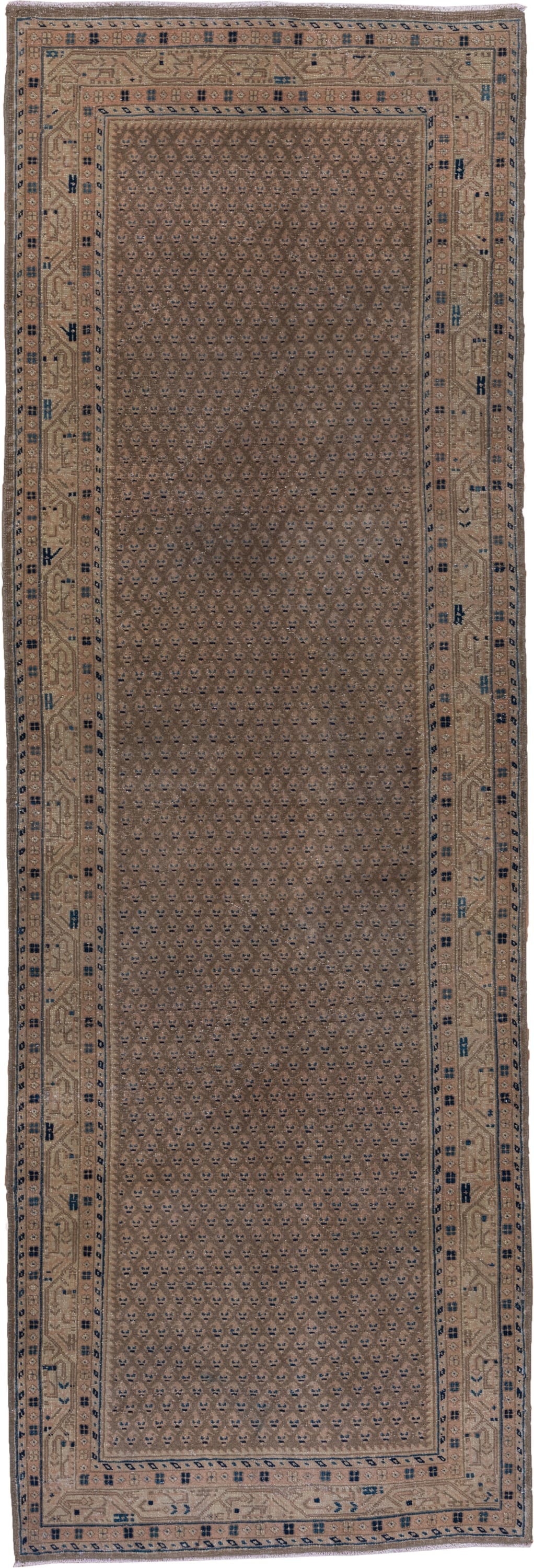 3' x 10' one-of-a-kind handmade vintage Mahal runner rug. Color palette: taupe, brown, beige, indigo, ivory, camel, gray