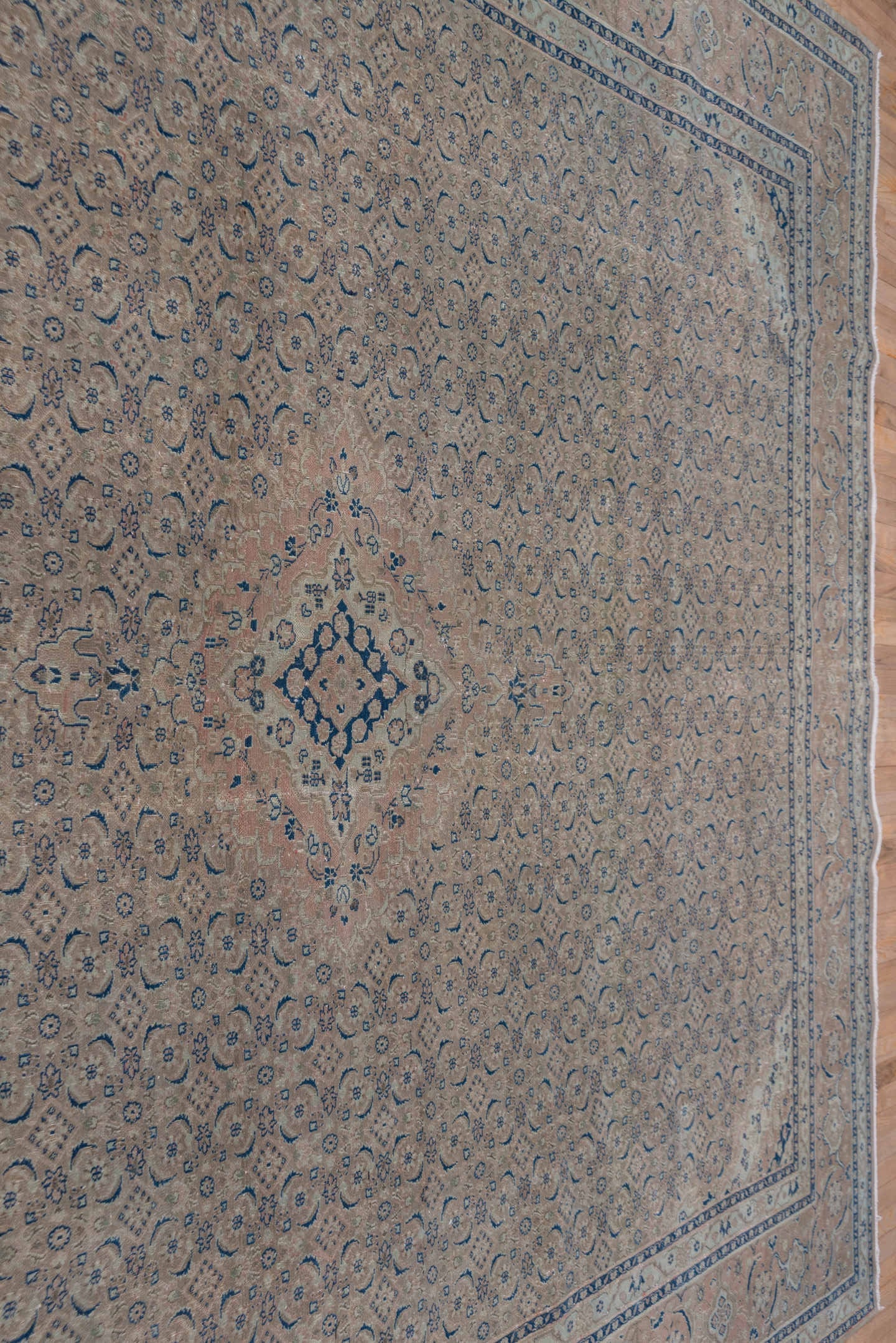 9' x 13' one-of-a-kind handmade vintage Tabriz large size rug. Color palette: ivory, blush, navy, dusty rose, taupe, slate