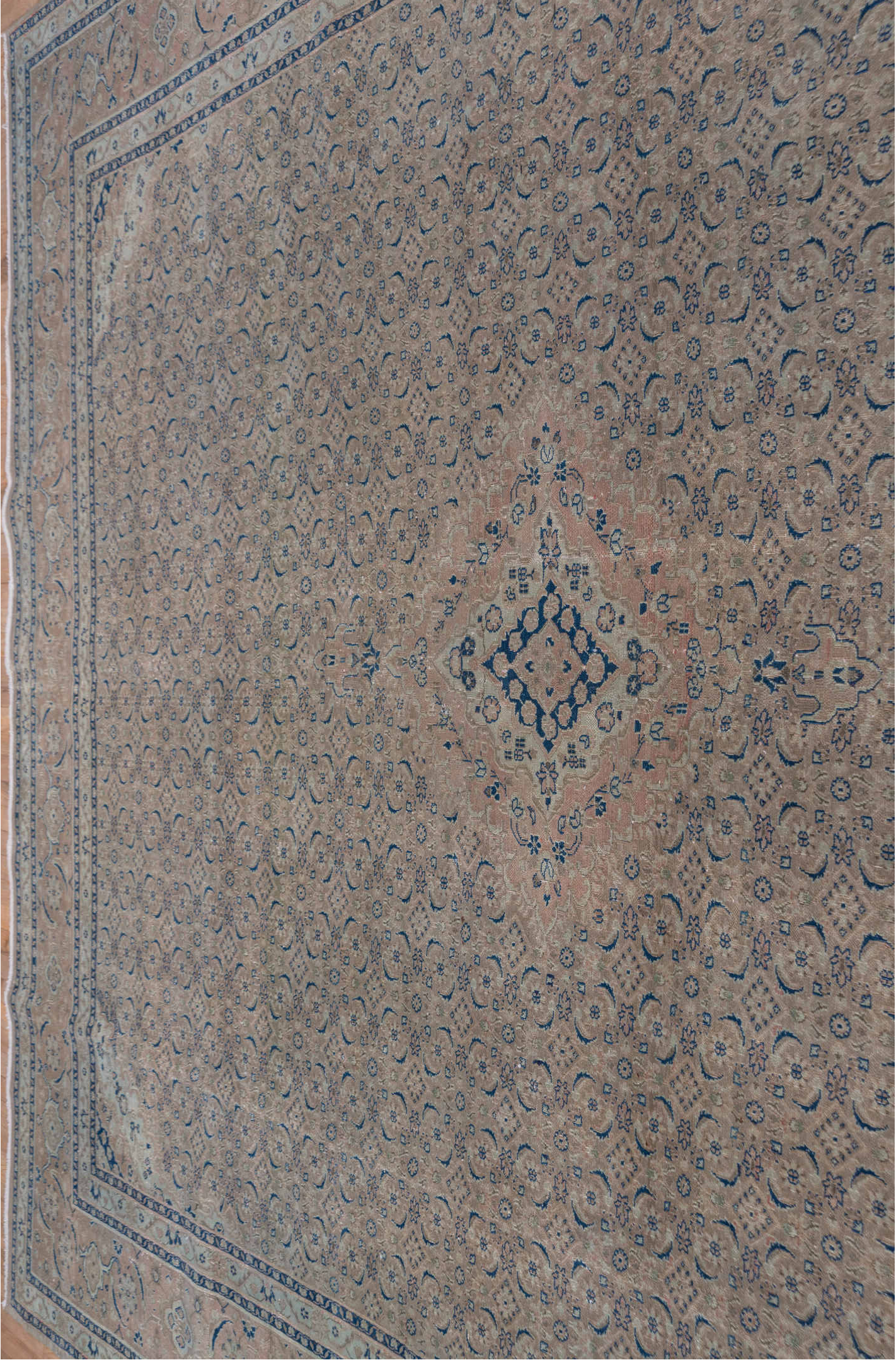 9' x 13' one-of-a-kind handmade vintage Tabriz large size rug. Color palette: blue, fiord, gray, light blue, light gray