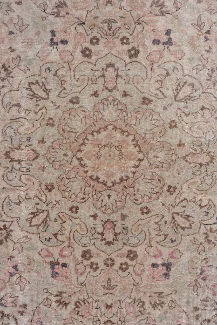 4' x 6' one-of-a-kind handmade vintage Kaisary small size rug. Color palette: ivory, blush, taupe, rose, beige, brown, sage