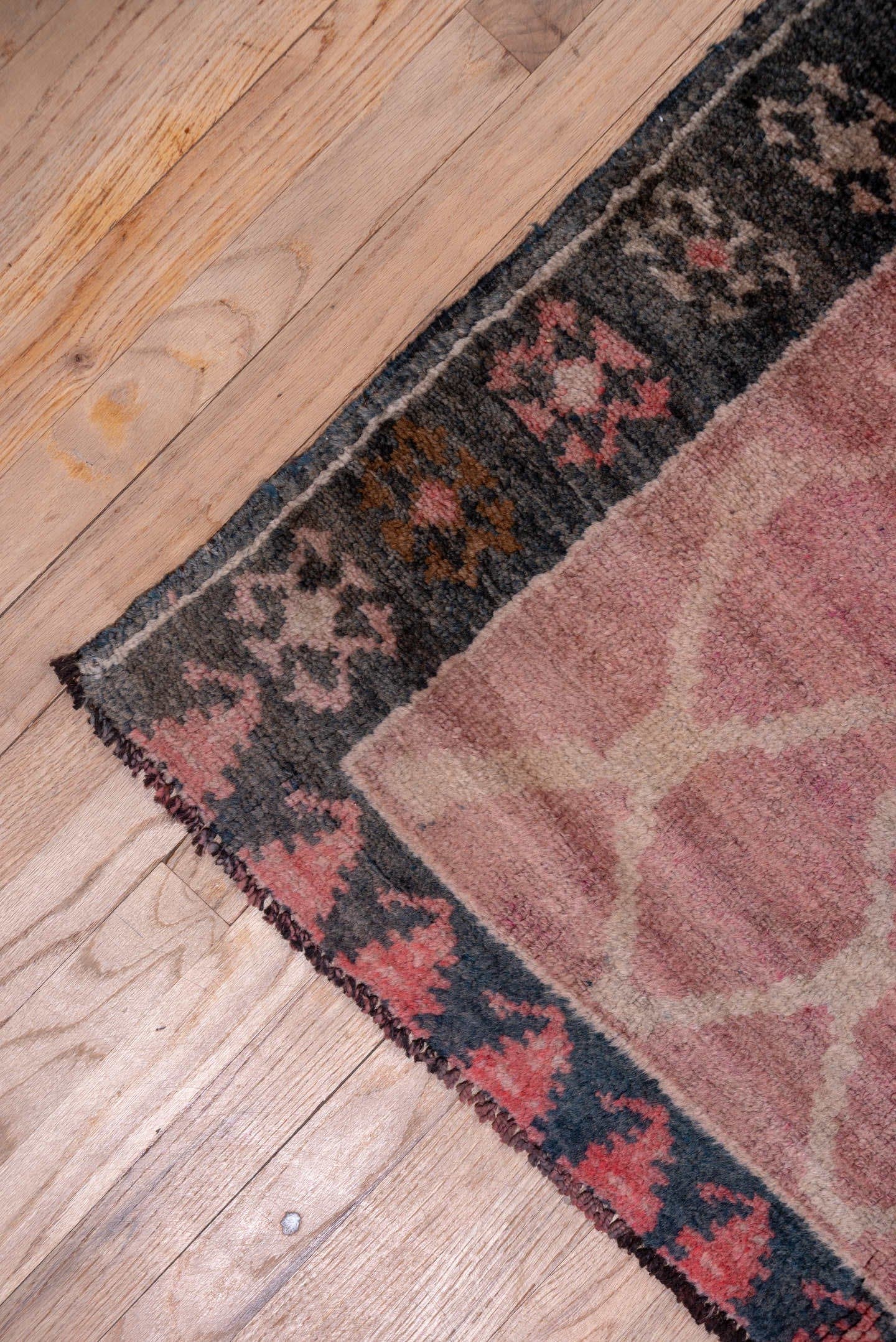 4' x 12' one-of-a-kind handmade vintage Kars runner rug. Color palette: rose, blush, charcoal, raspberry, taupe, mauve