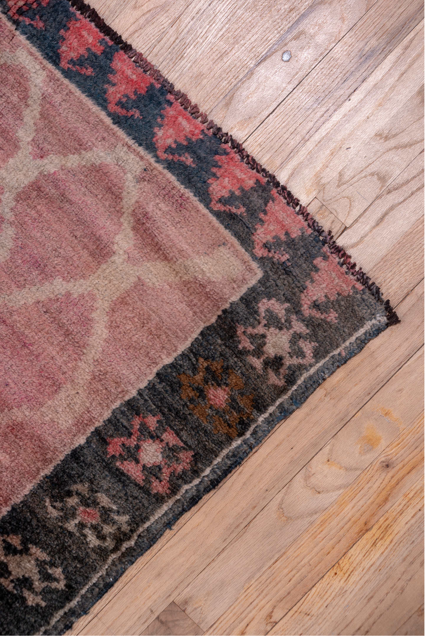 4' x 12' one-of-a-kind handmade vintage Kars runner rug. Color palette: rose, blush, charcoal, raspberry, taupe, mauve