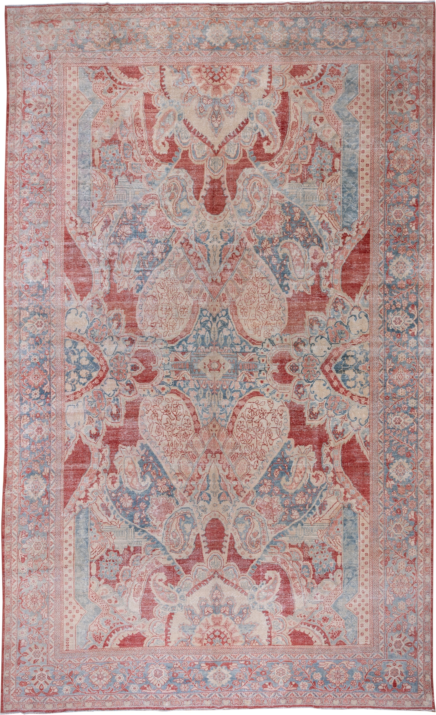 10' x 17' one-of-a-kind handmade antique Mahal rug. Color palette: ivory, powder_blue, rust, blush, sky_blue, rose