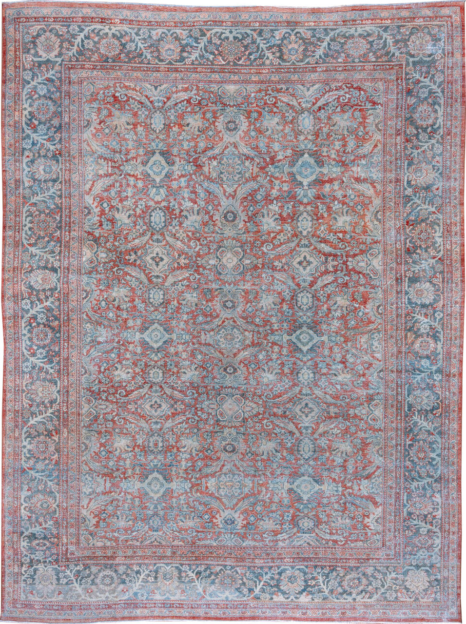 10' x 13' one-of-a-kind handmade vintage Mahal large size rug. Color palette: blue, brown, gray, light blue, light gray