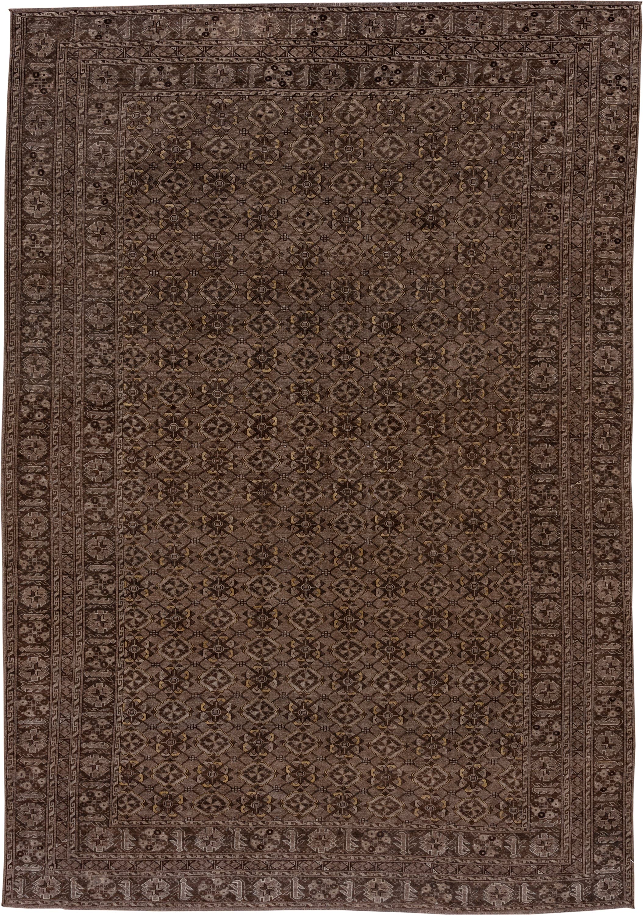 8' x 11' one-of-a-kind handmade antique Afghan large size rug. Color palette: taupe, brown, charcoal, camel, ivory, gold