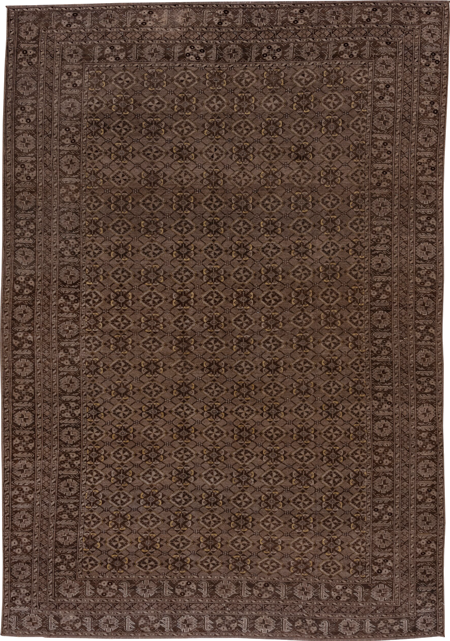 8' x 11' one-of-a-kind handmade vintage Afghan large size rug. Color palette: brown, gray, light gray, off-white, pink, snow