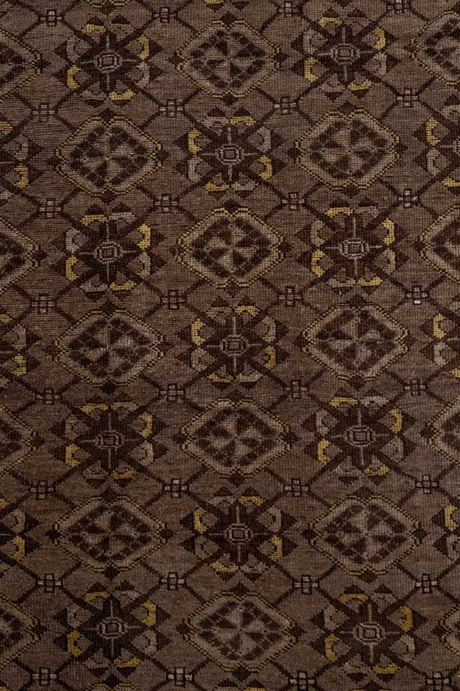 8' x 11' one-of-a-kind handmade antique Afghan large size rug. Color palette: taupe, brown, charcoal, camel, ivory, gold
