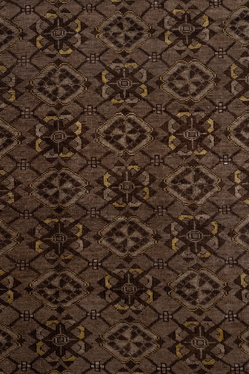 8' x 11' one-of-a-kind handmade antique Afghan large size rug. Color palette: taupe, brown, charcoal, camel, ivory, gold