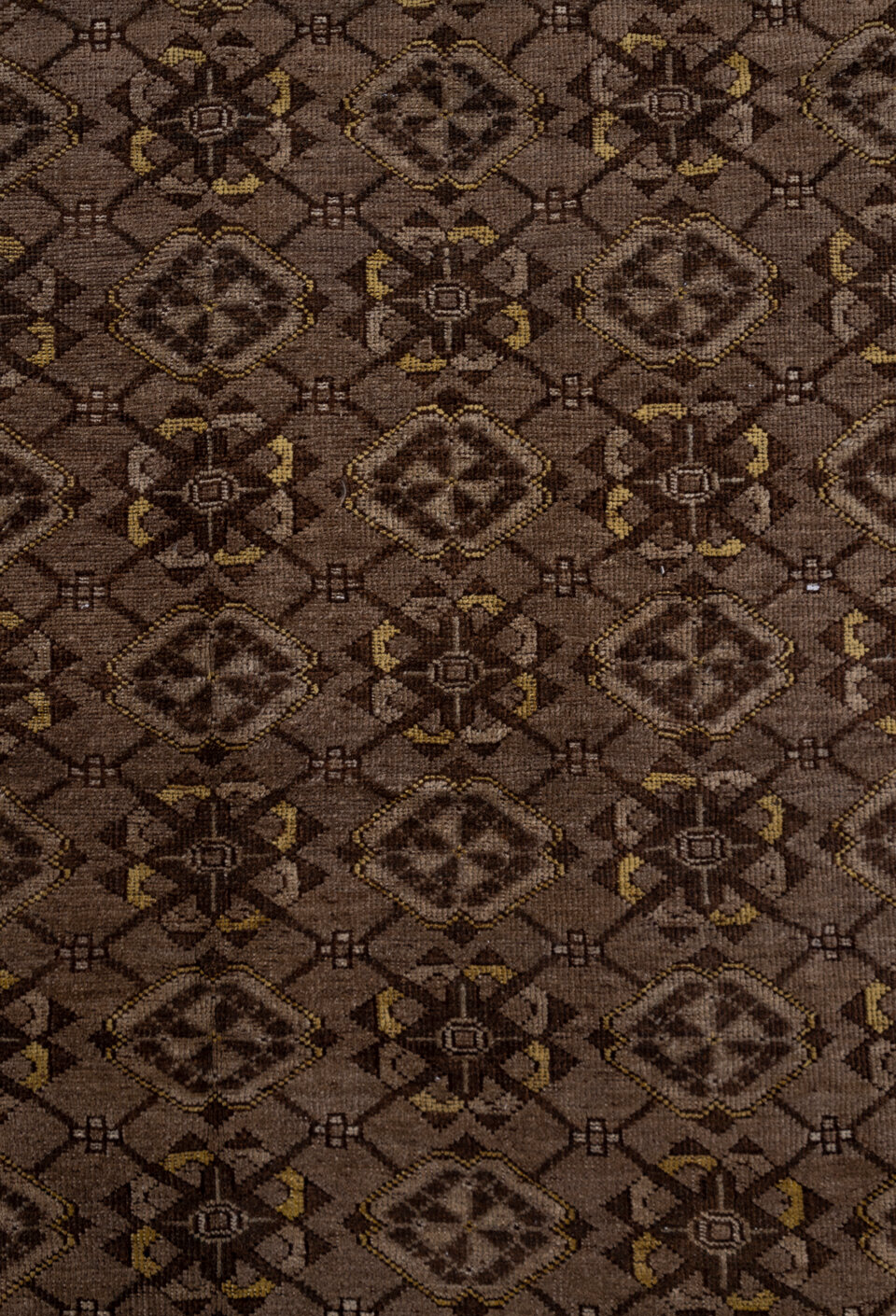 8' x 11' one-of-a-kind handmade vintage Afghan large size rug. Color palette: brown, gray, light gray, off-white, pink, snow