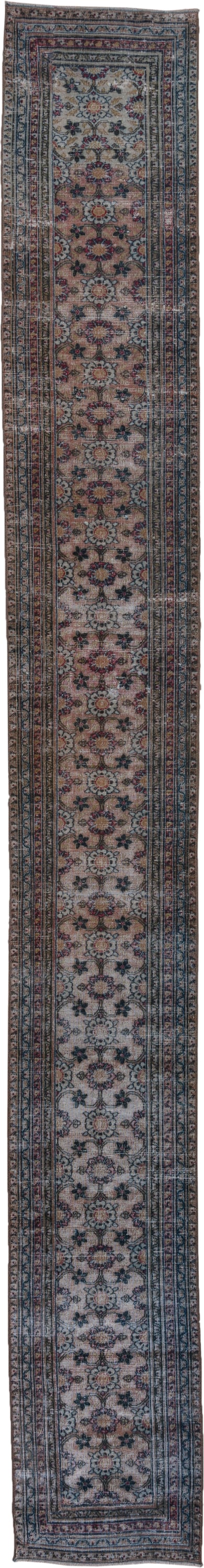 2' x 17' one-of-a-kind handmade antique Khorassan runner rug. Color palette: ivory, navy, rose, taupe, rust, slate, brown