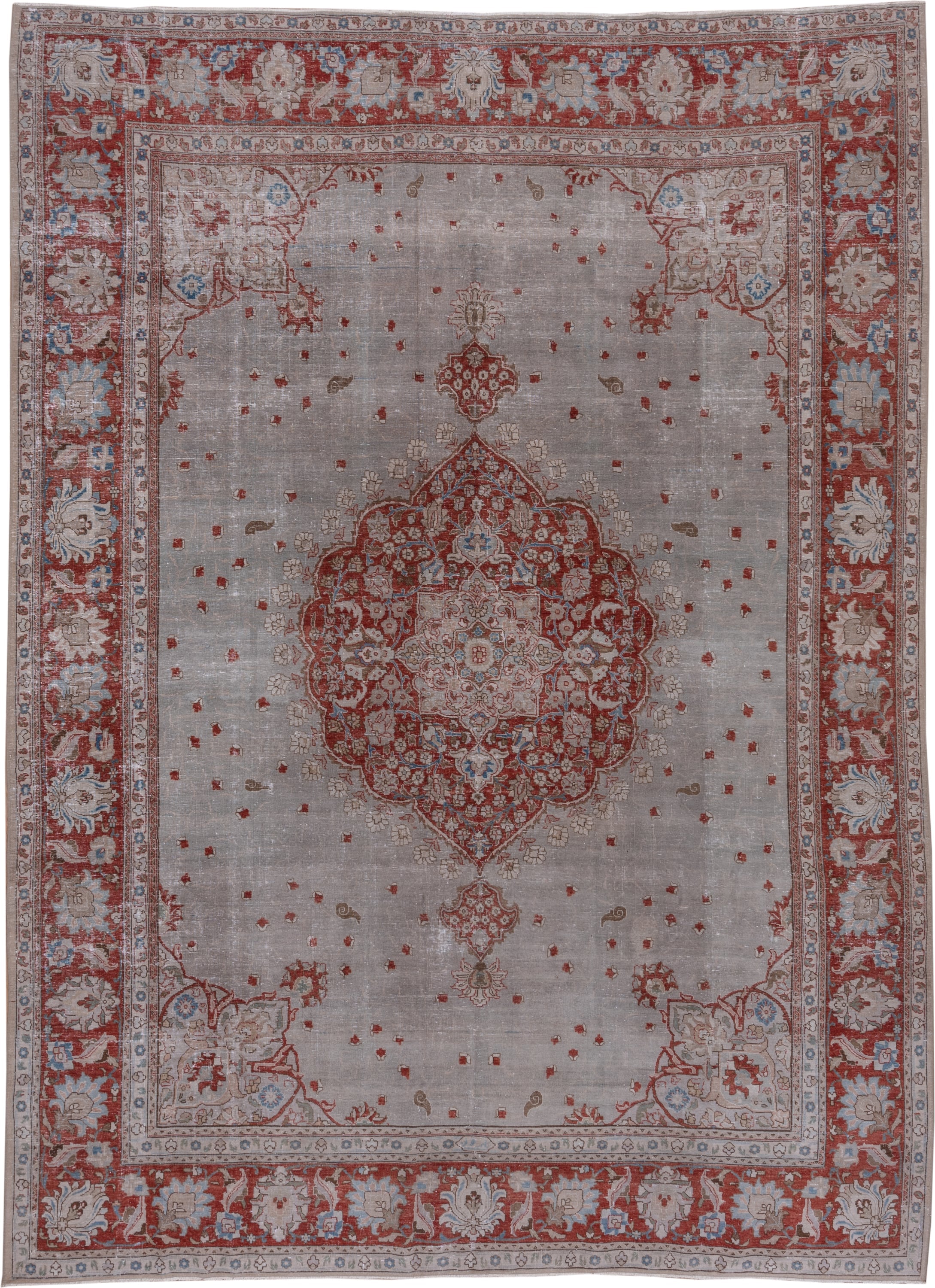 9' x 12' one-of-a-kind handmade antique Tabriz large size rug. Color palette: ivory, rust, taupe, sky blue, rose, beige