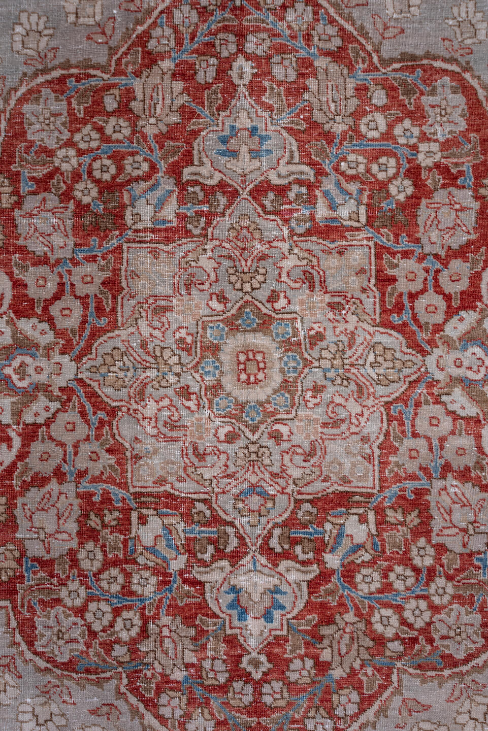 9' x 12' one-of-a-kind handmade antique Tabriz large size rug. Color palette: ivory, rust, taupe, sky blue, rose, beige